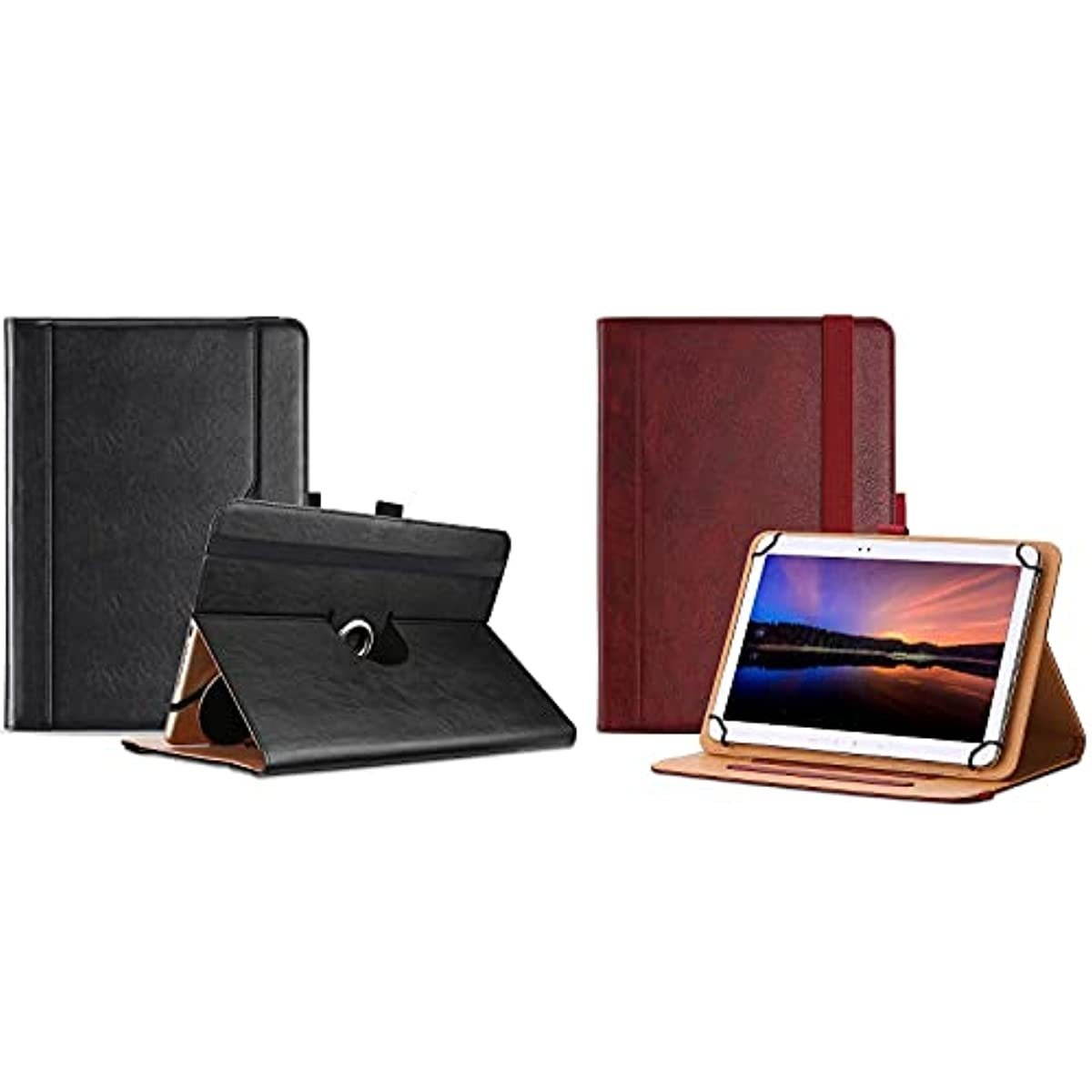ProCase 9"-10.1" Inch Universal Tablet Case with 360 Degree Rotatable Kickstand Bundle with PU Leather Stand Folio Protective Cover for 9"-10.9" Tablet, with Elastic Adjustable Band and Pencil Holder