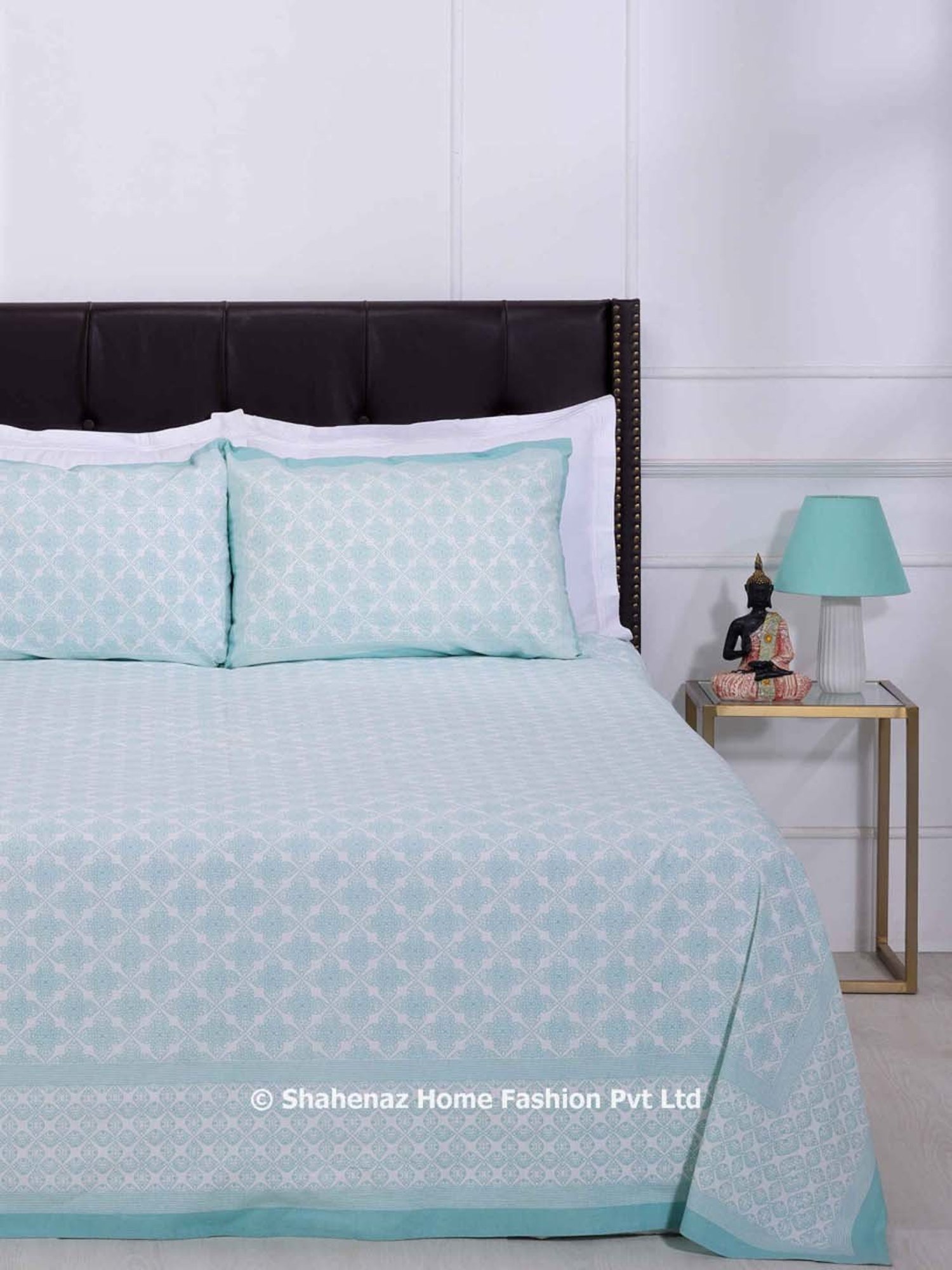 Shahenaz Blue 120 TC Cotton Gayatri Infinity Flower Luxury Double Bedsheet with 2 Pillow Covers