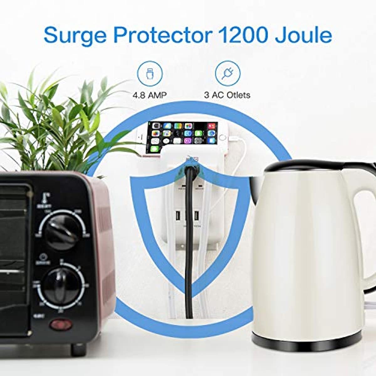 KMC 3-Outlet Wall Mount Surge Protector 900 Joules with 4.8 AMP USB Charging Ports, 4 USB Charging Ports and 1 Phone Holders for Home, School, Office, ETL Certified