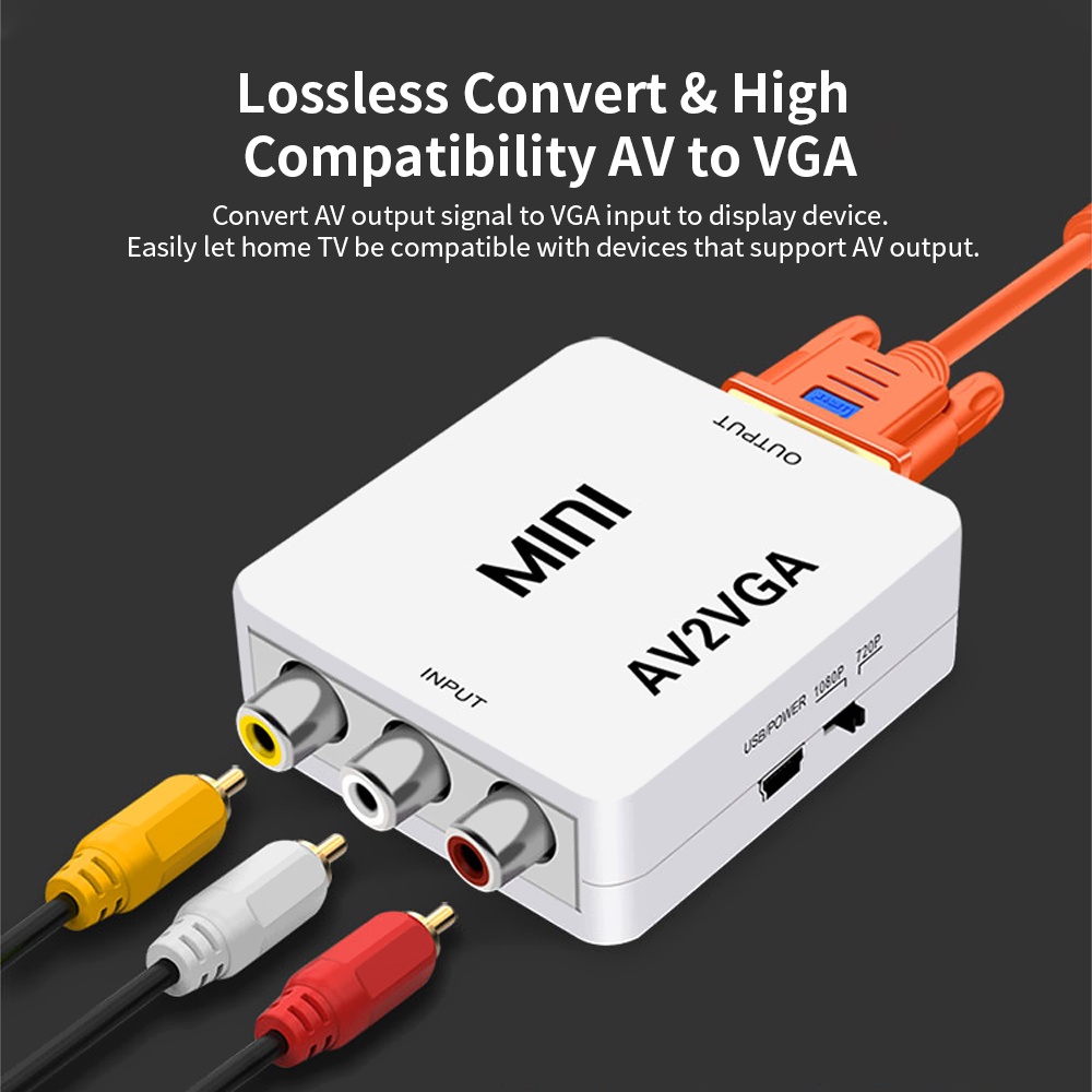 AV to VGA Adapter 1080P HD Mini VGA Converter ABS Shell Video Converter for STB/Computer (White)
