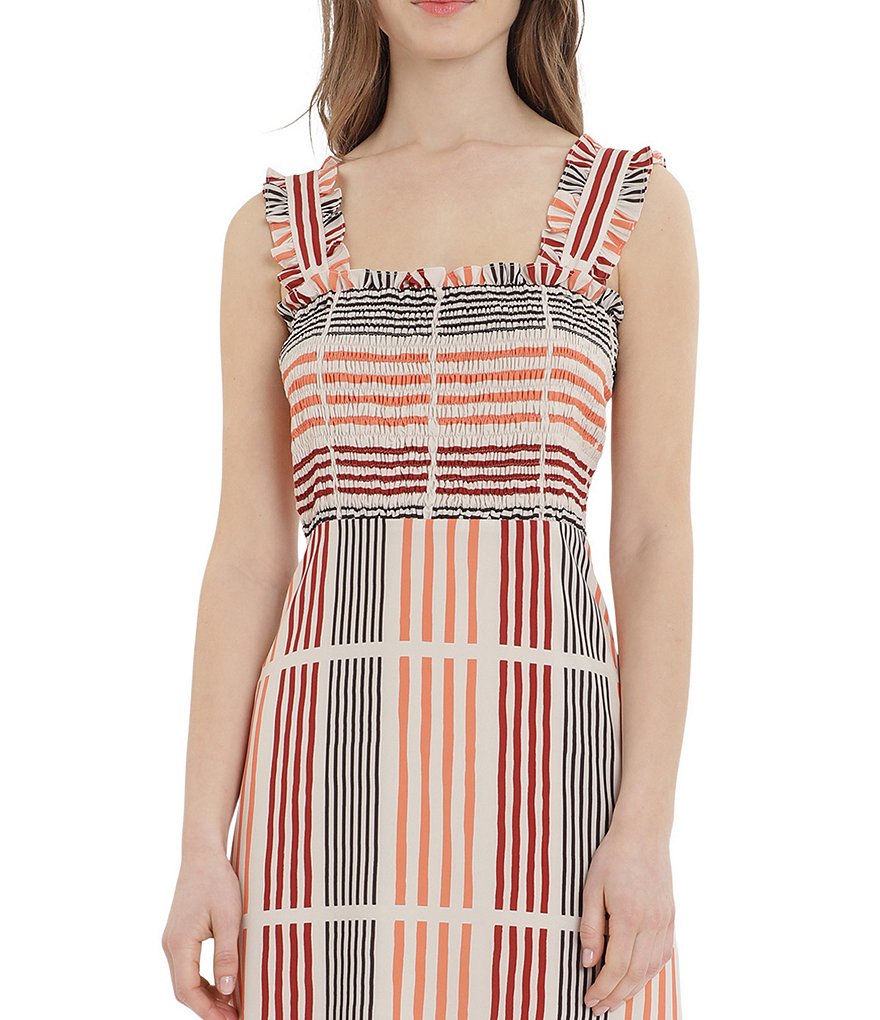 Donna Morgan Smocked Bodice Ruffle Strap Printed Midi Dress