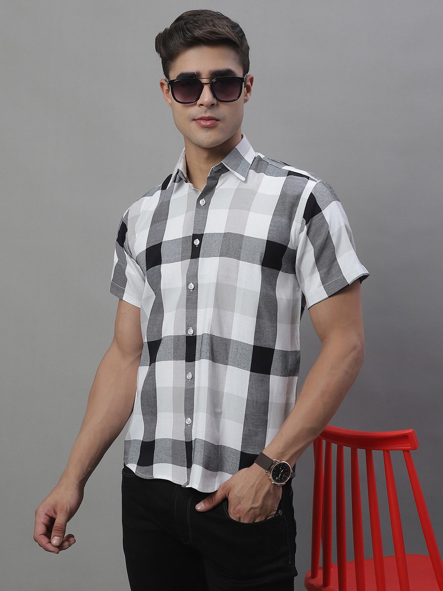 Jainish Black Regular Fit Check Cotton Shirt