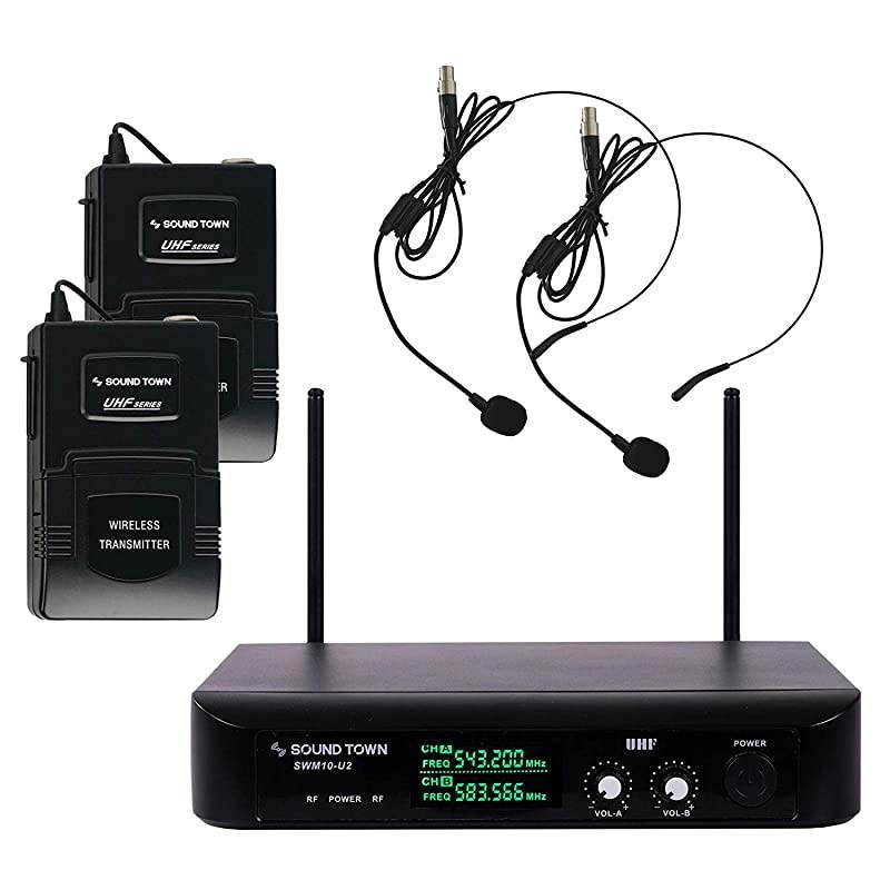 Professional DualChannel UHF Headset Wireless Microphone System with LED Display 2 Headset mics 2 Bodypack Transmitters SWM10U2BB