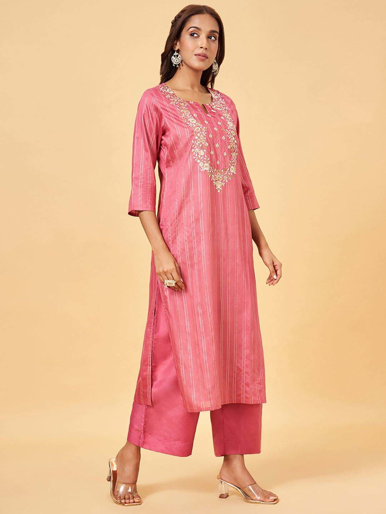 Rangmanch by Pantaloons Pink Cotton Embroidered Kurta Palazzo Set With Dupatta