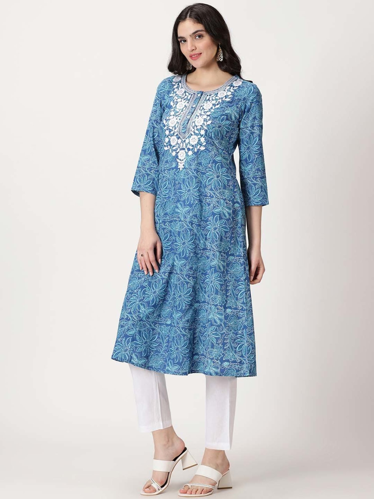 Saffron Threads Blue Embroidered A Line Kurta