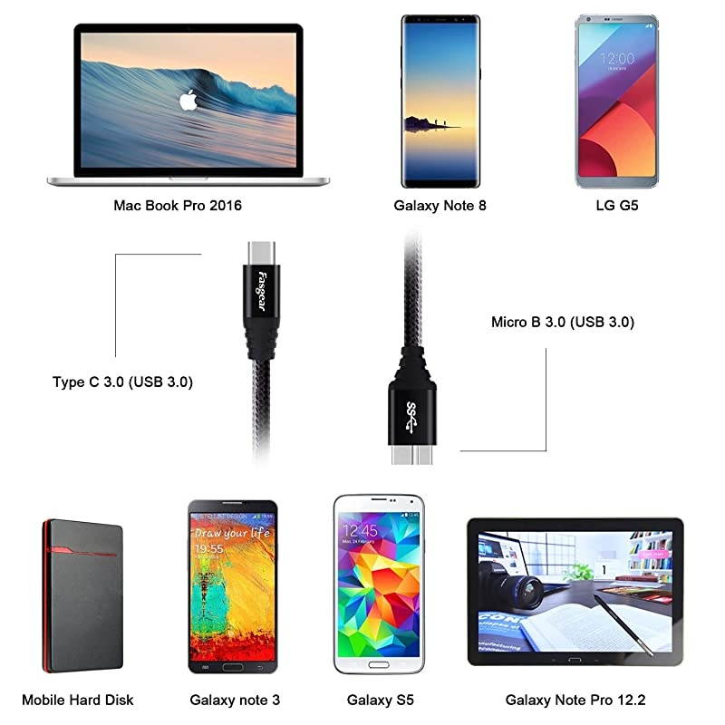 USB C to Micro 30 Cord 1Pack  Nylon Braided Metal Connector Type C 30 to Micro B Cable1ft Fast Charging Syncing Compatible with Toshiba Canvio Galaxy S5 Note 3 and More 1ft Black