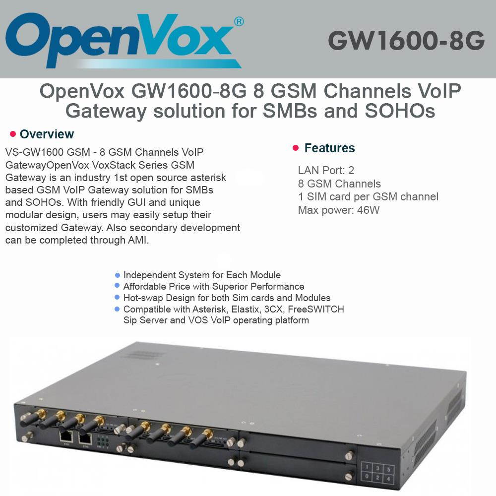 OpenVox VS-GW1600 8 GSM Channels VoIP Gateway solution for SMBs and SOHOs
