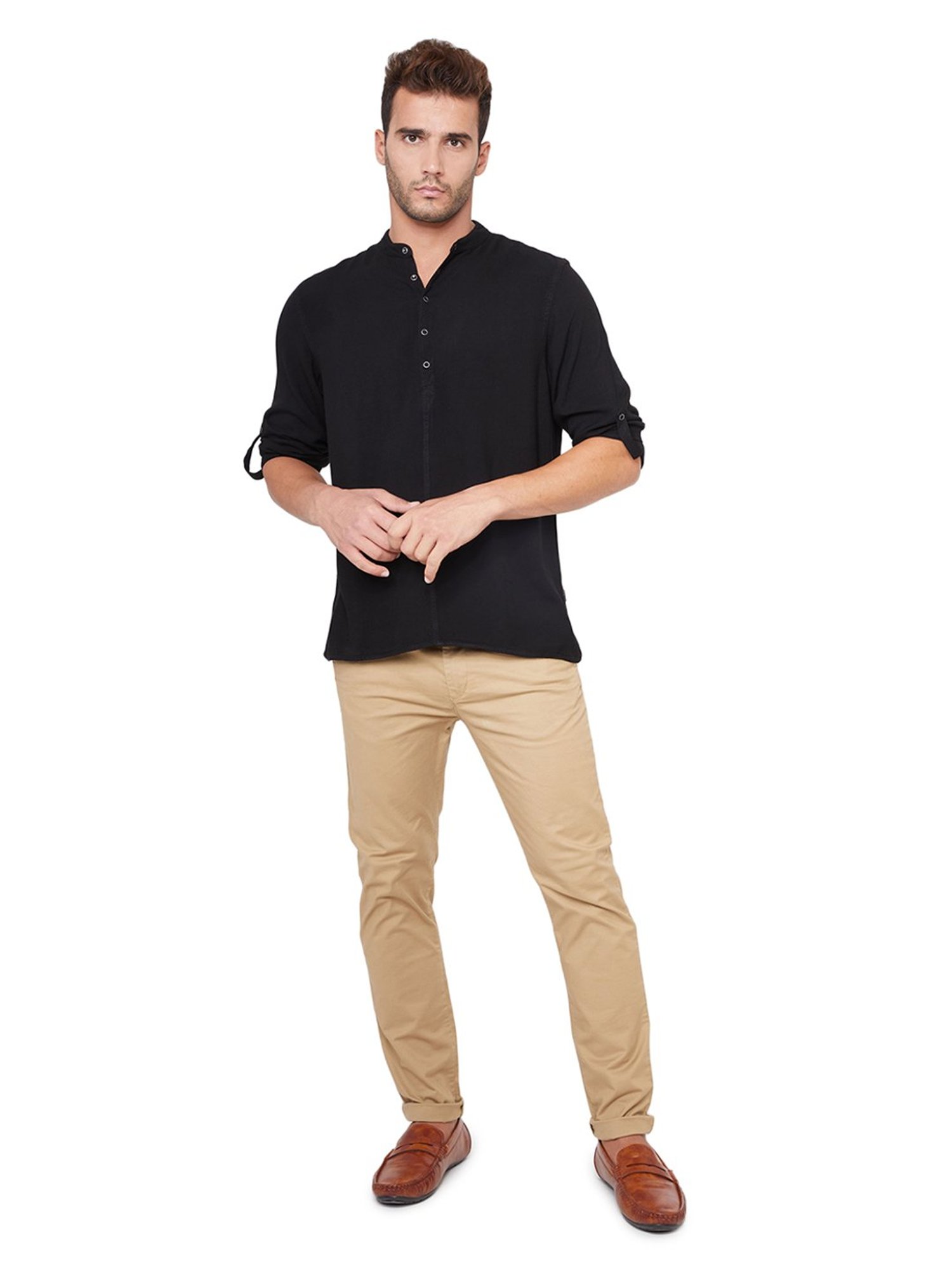 Identiti Black Full Sleeves Solid Slim Fit Short Kurta