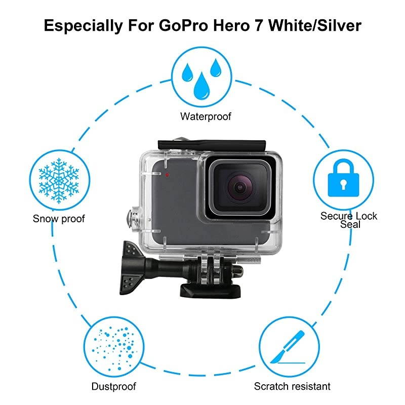 Accessories Kit for GoPro Hero 7 WhiteSilver Waterproof Housing+Tempered Glass Screen Protector+Carrying Case+Sleeve Case+Carabiner+AntiFog Inserts for Go Pro Hero 7WhiteSilver