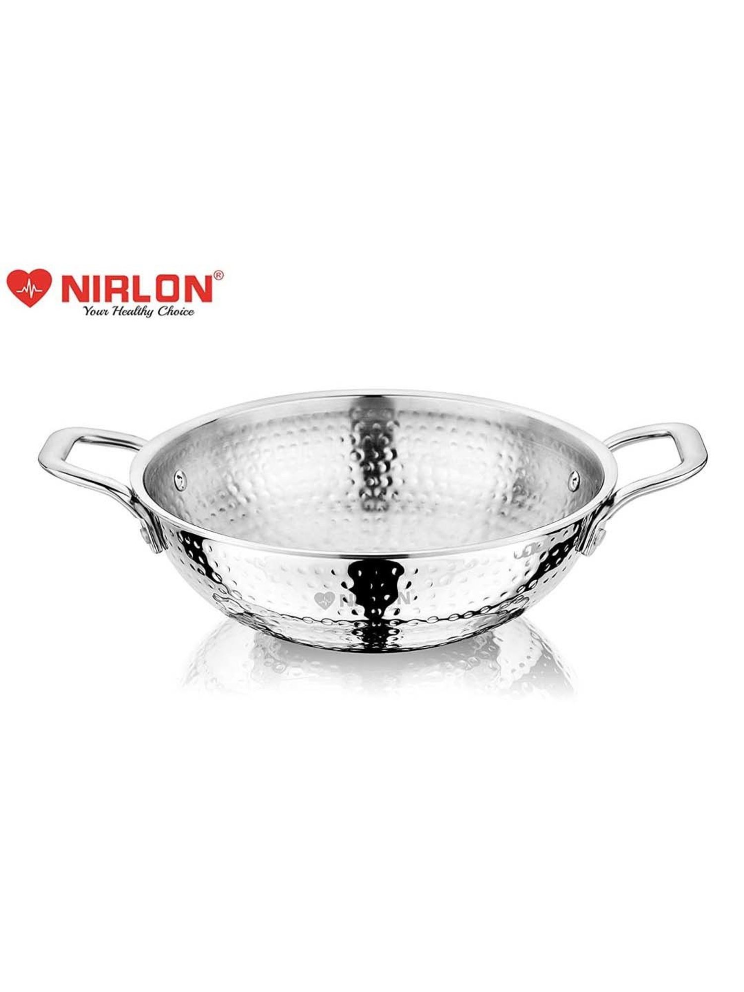 Nirlon Silver Stainless Steel 20 cm Induction & Gas Hammered Tri-Ply Deep Kadhai With Lid (1.5 L)
