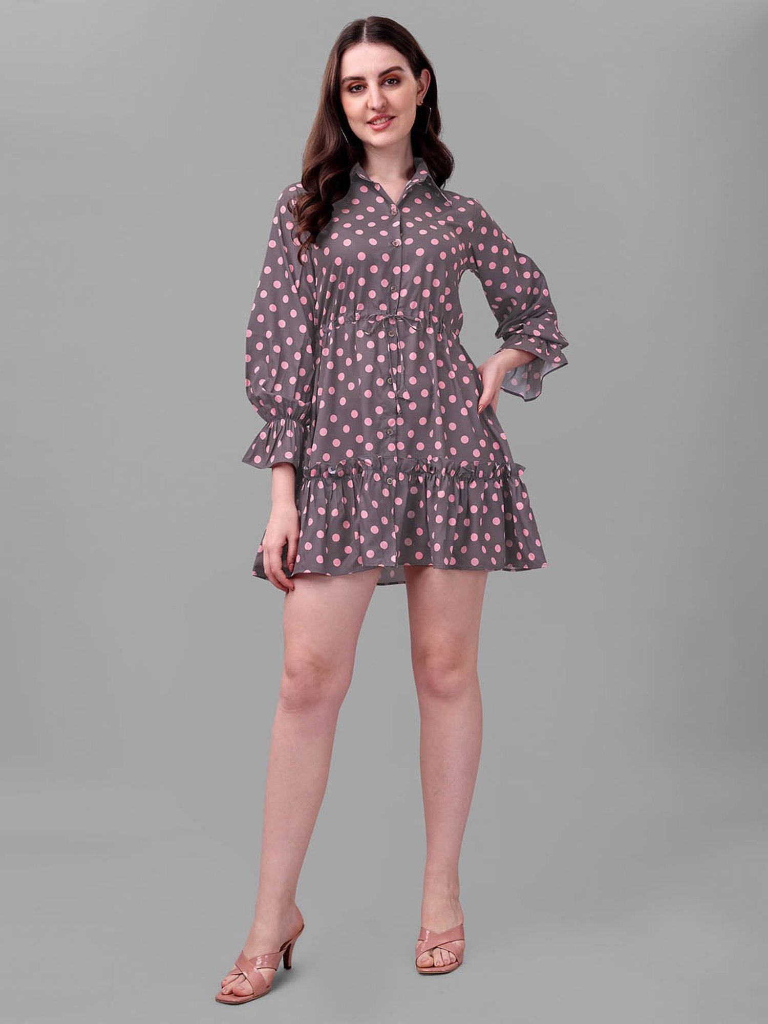 MASAKALI.CO Grey & Pink Polka Dot Shirt Dress