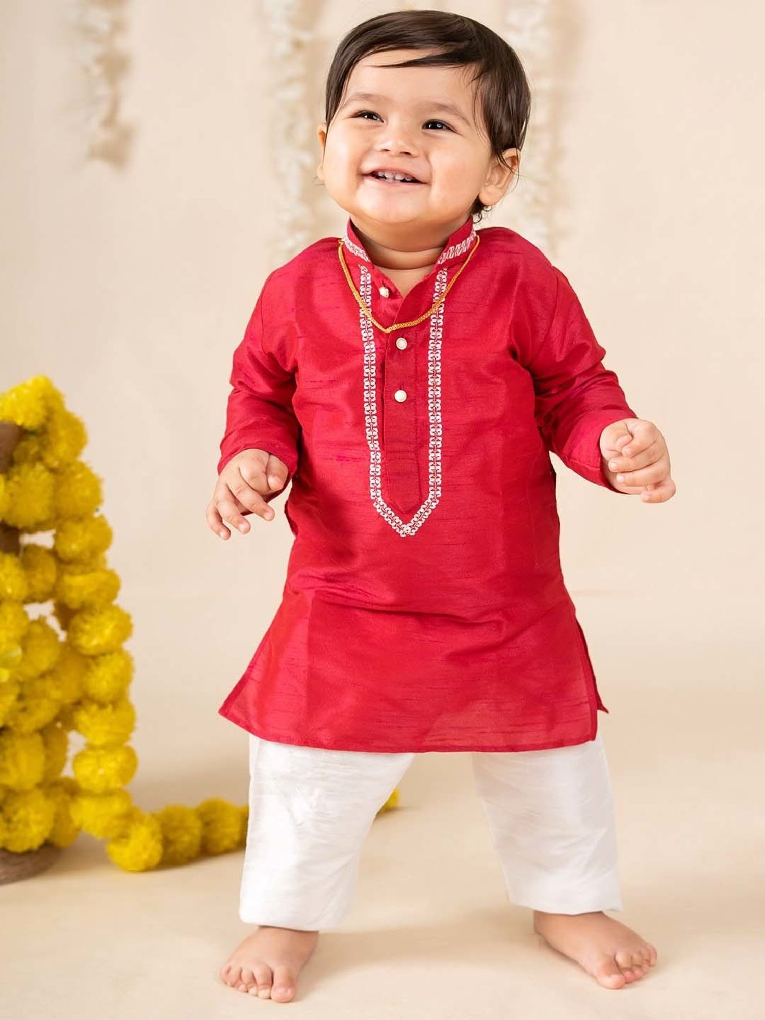 Baby Moo Kids Red & White Regular Fit Full Sleeves Kurta Set