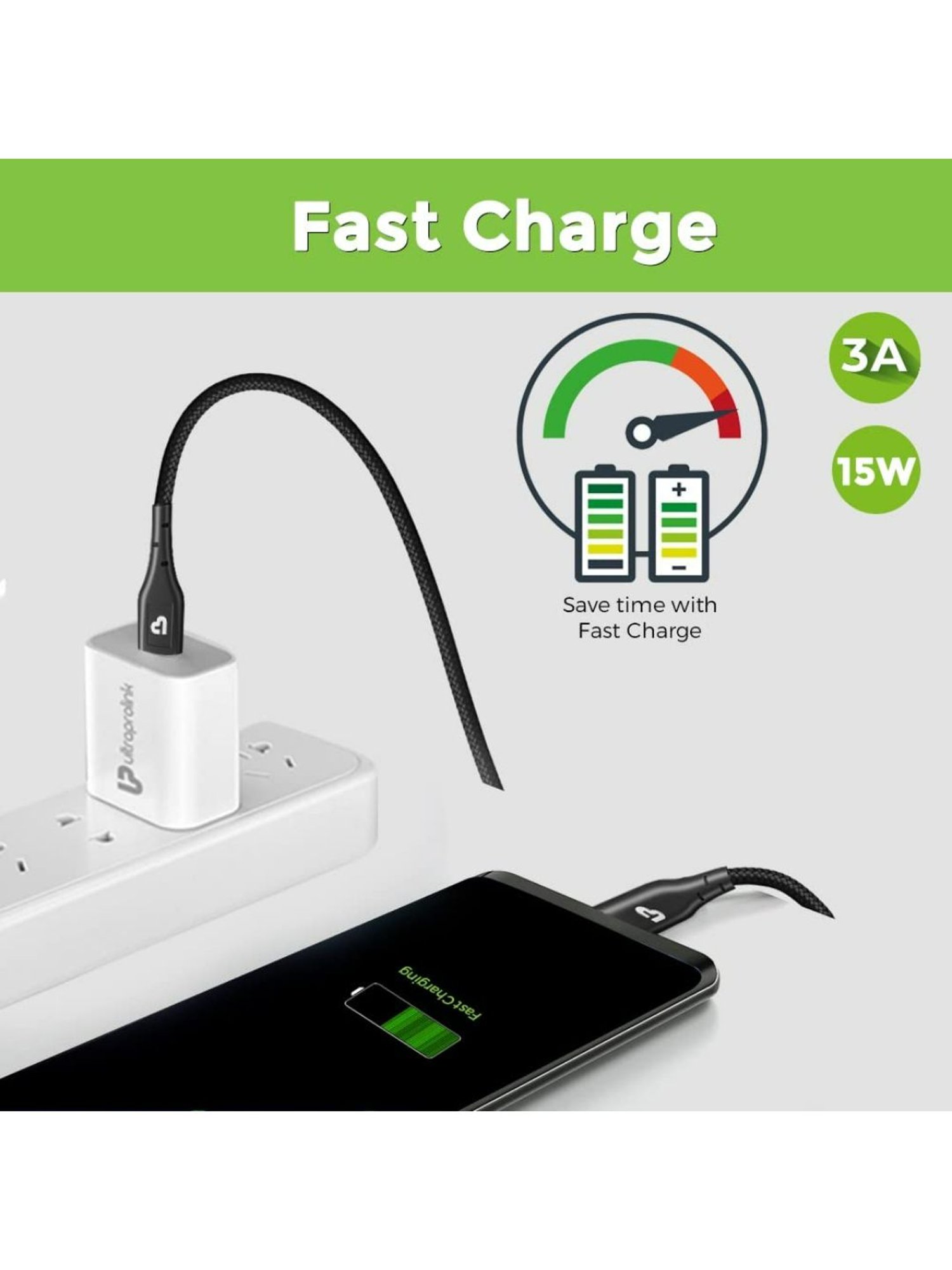 UltraProlink UL1069 Zap Micro USB 3A/15W USB-A Cable Nylon braided durable tough cable1.2m (Black)