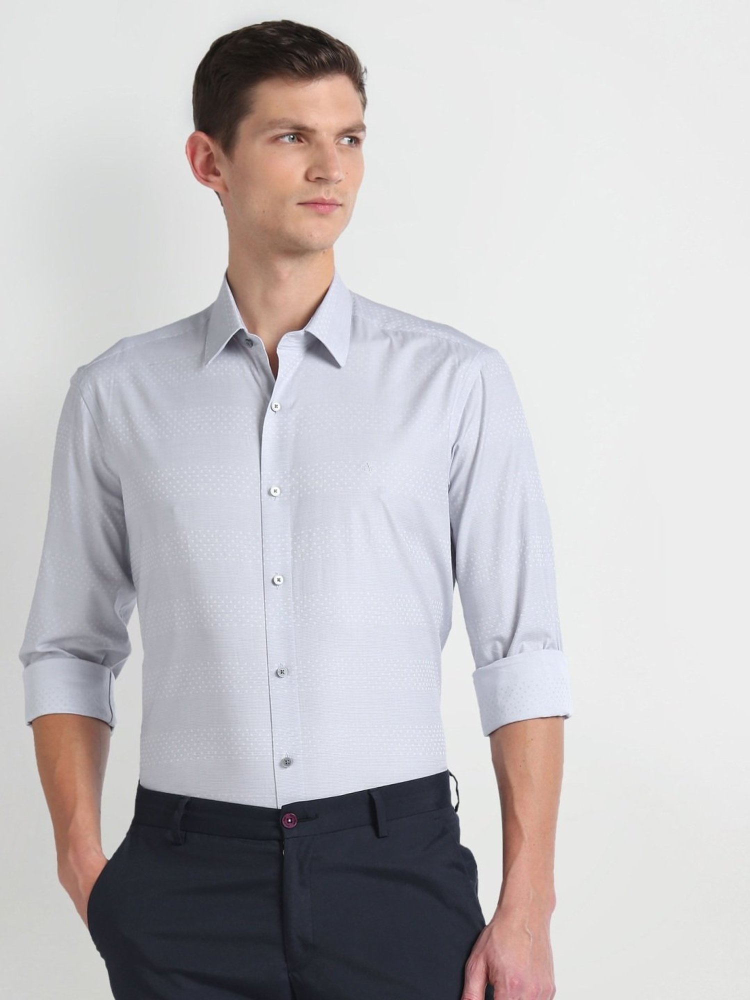 Arrow Newyork Grey Cotton Slim Fit Striped Shirt