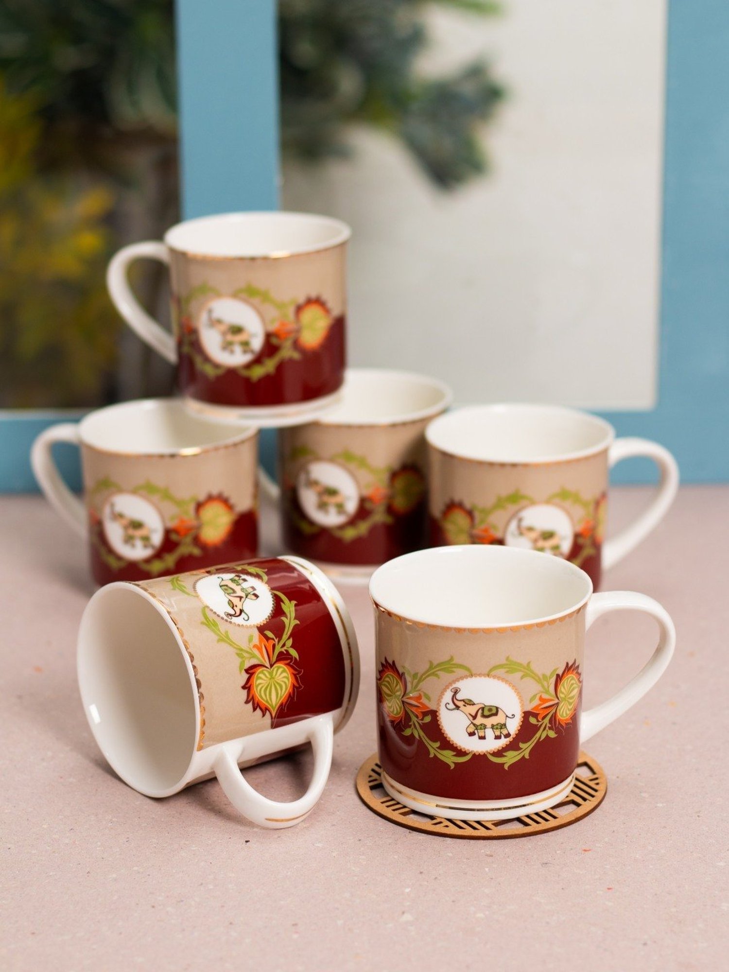 JCPL Printed Red Ceramic Tea Cups- Set of 6 (200 ml each)