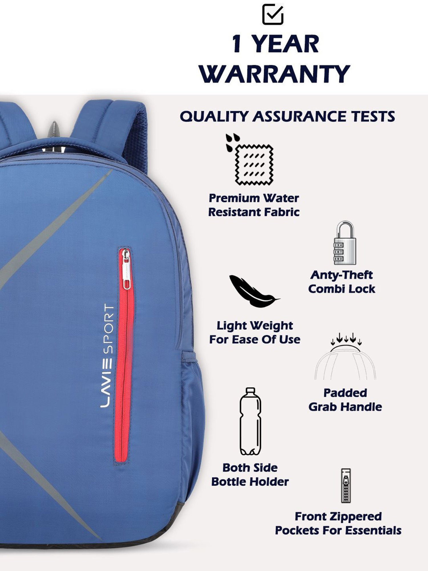 Lavie Sport Boomerang 36L Anti-theft Laptop Backpack For Men & Women (Navy)