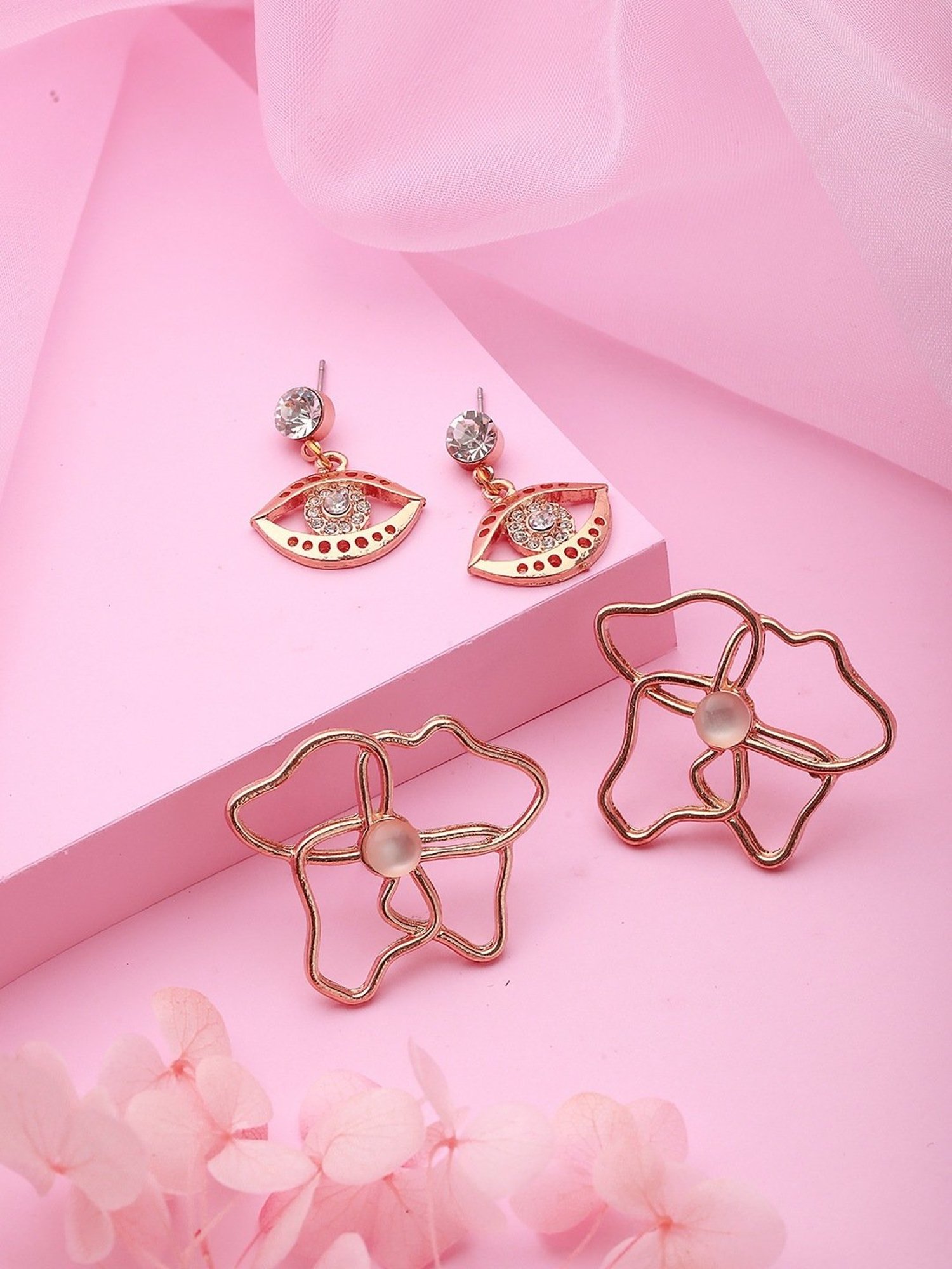 Aatmana Rose Gold-Plated CZ Studded Stud & Drop Earrings - Set of 2