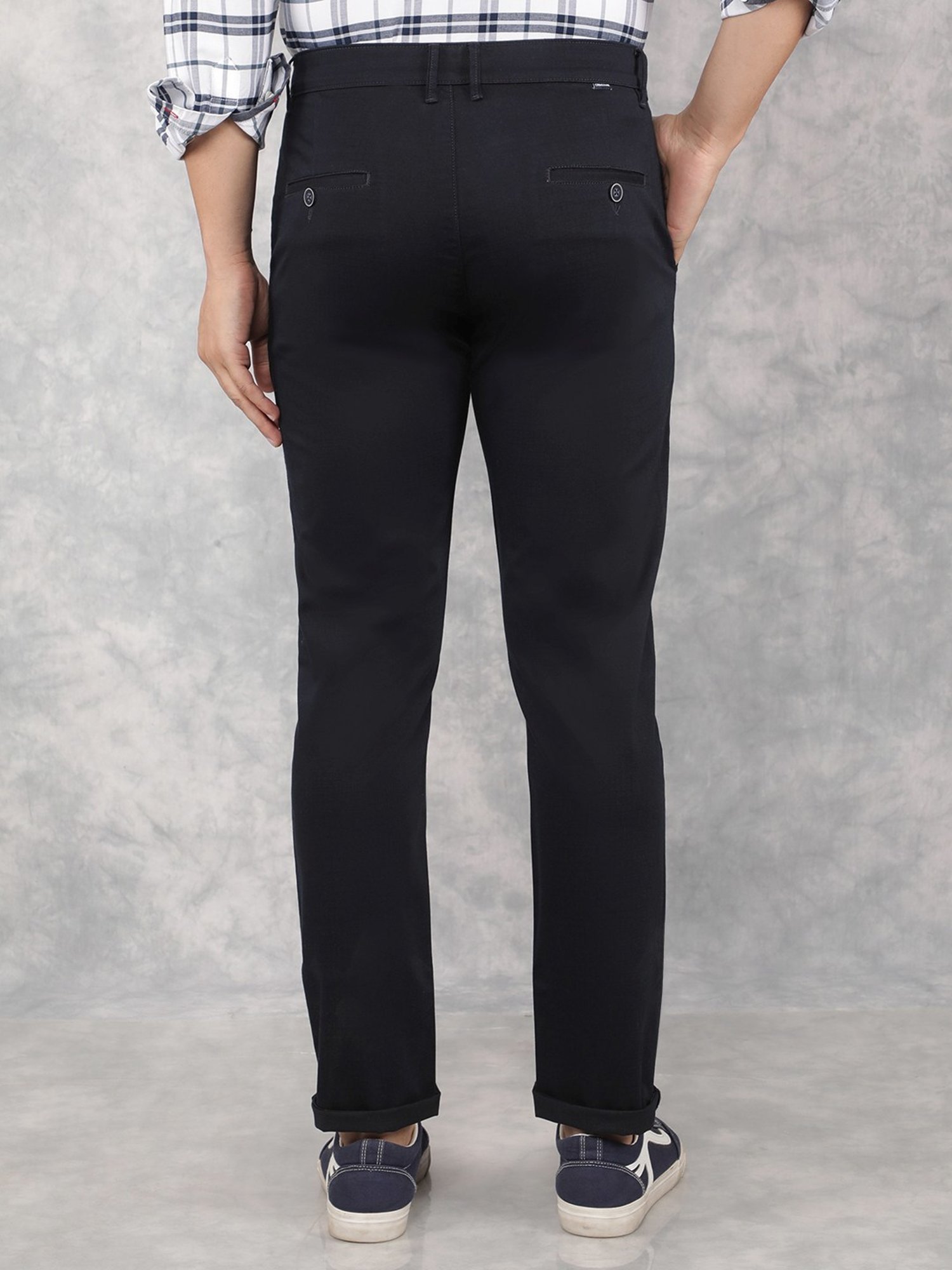 Crimsoune Club Navy Blue Cotton Slim Fit Self Pattern Chinos