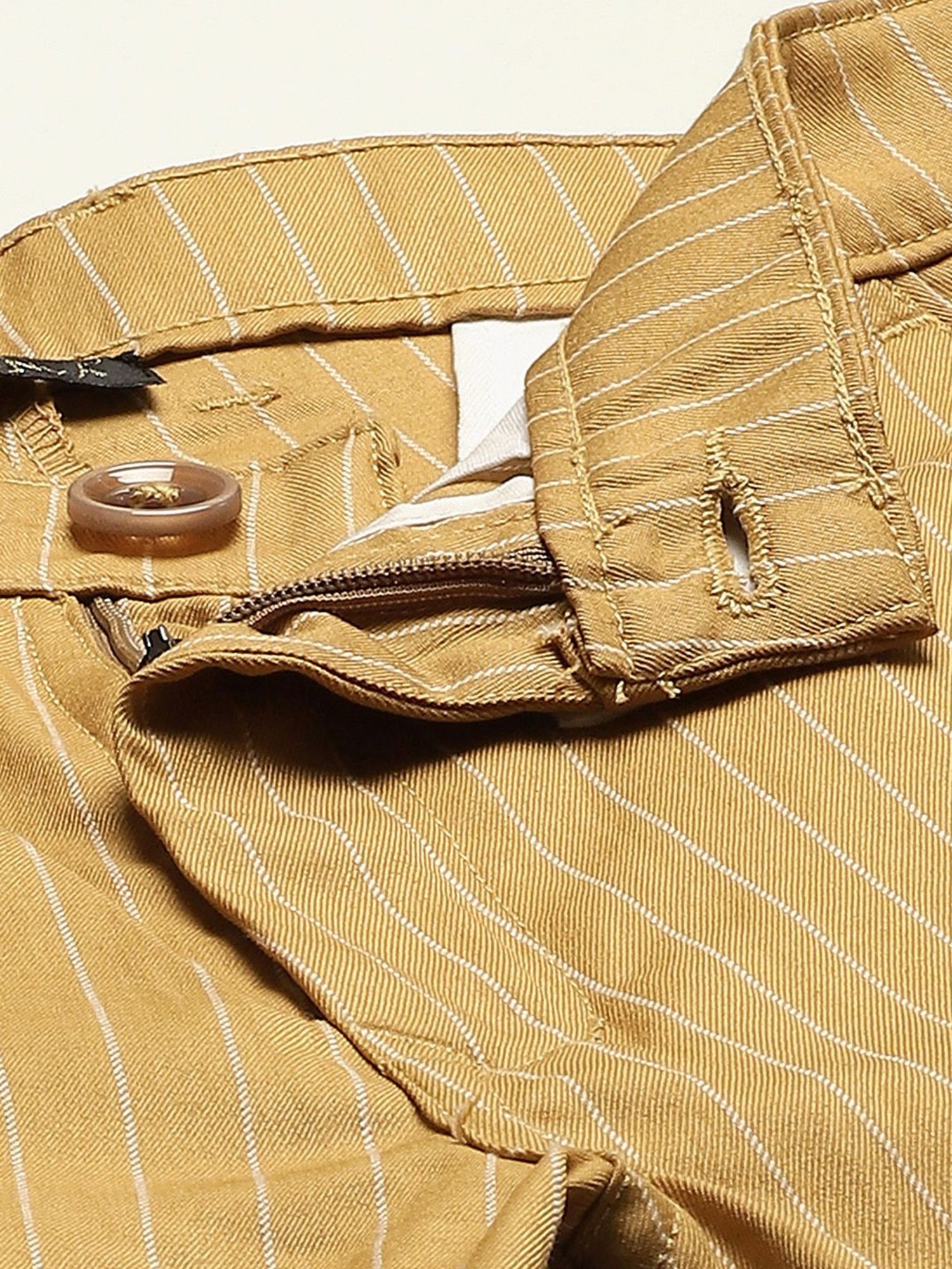 Sojanya Gold Cotton Regular Slim Fit Striped Flat Front Trousers
