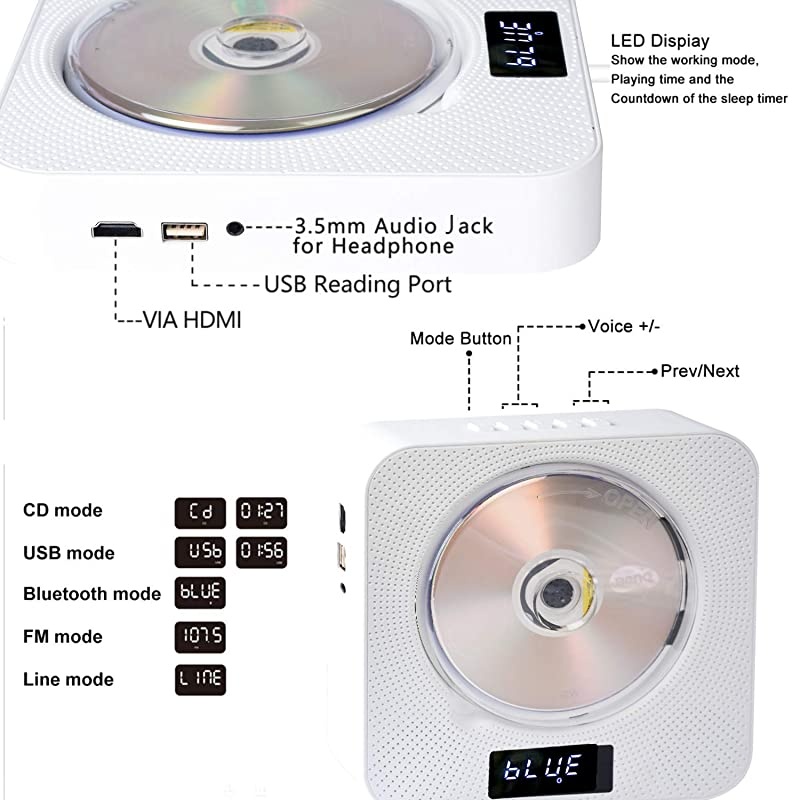 DVD / CD Player with Bluetooth, Wall Mountable CD Music Player with Remote Control HDMI for TV Home CD Boombox with FM Radio Built-in HiFi Speakers (White)