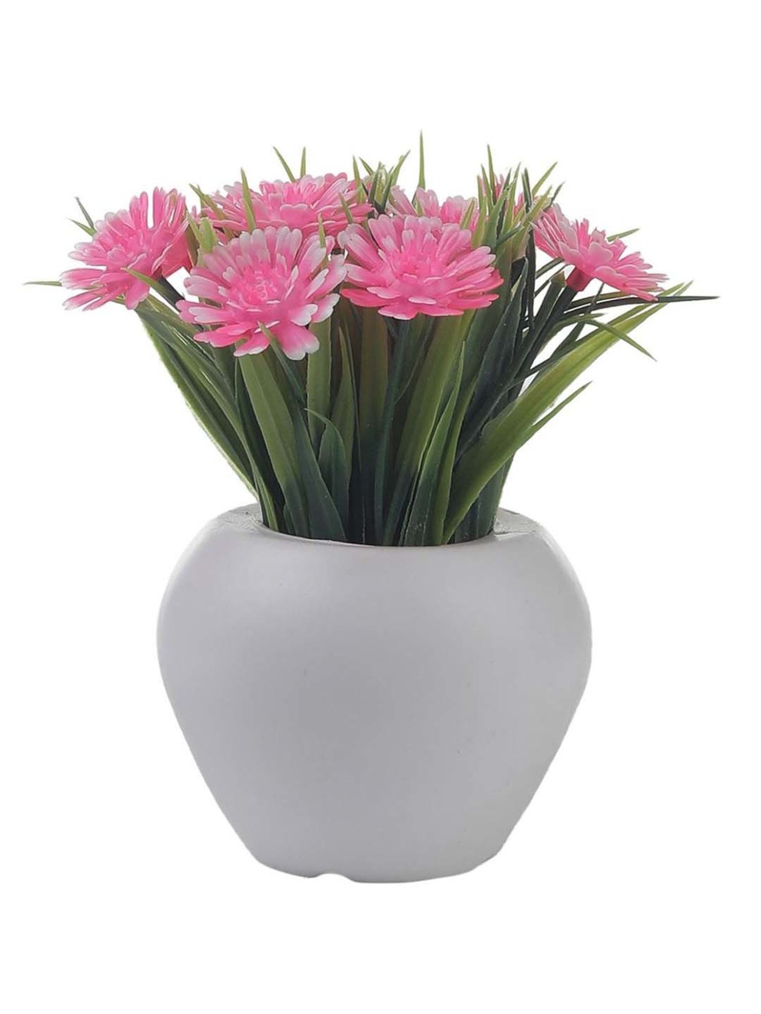 Foliyaj Yellow & Pink Plastic Artificial Mini Gerbera Plant With Thin Long Leaves - Set of 2