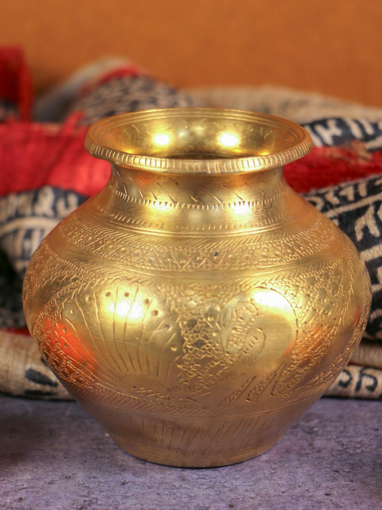 Ambi Intricately Hand Carved Brass Vintage Temple Lota - 300 Ml