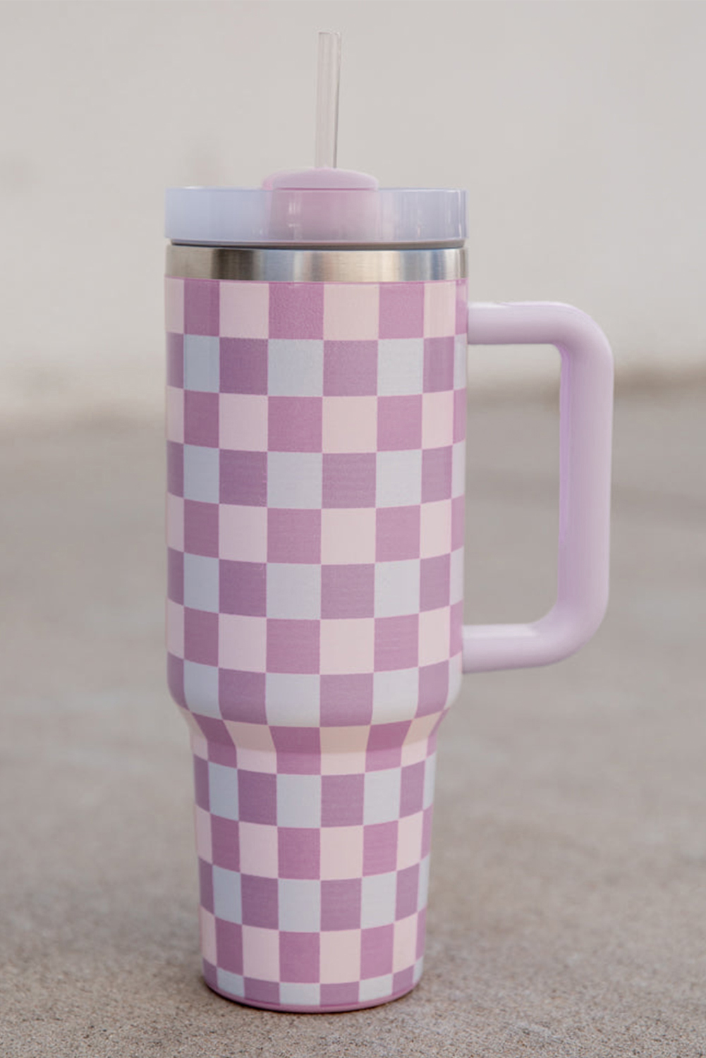Pink Checkered Print Handled Stainless Steel Tumbler Cup