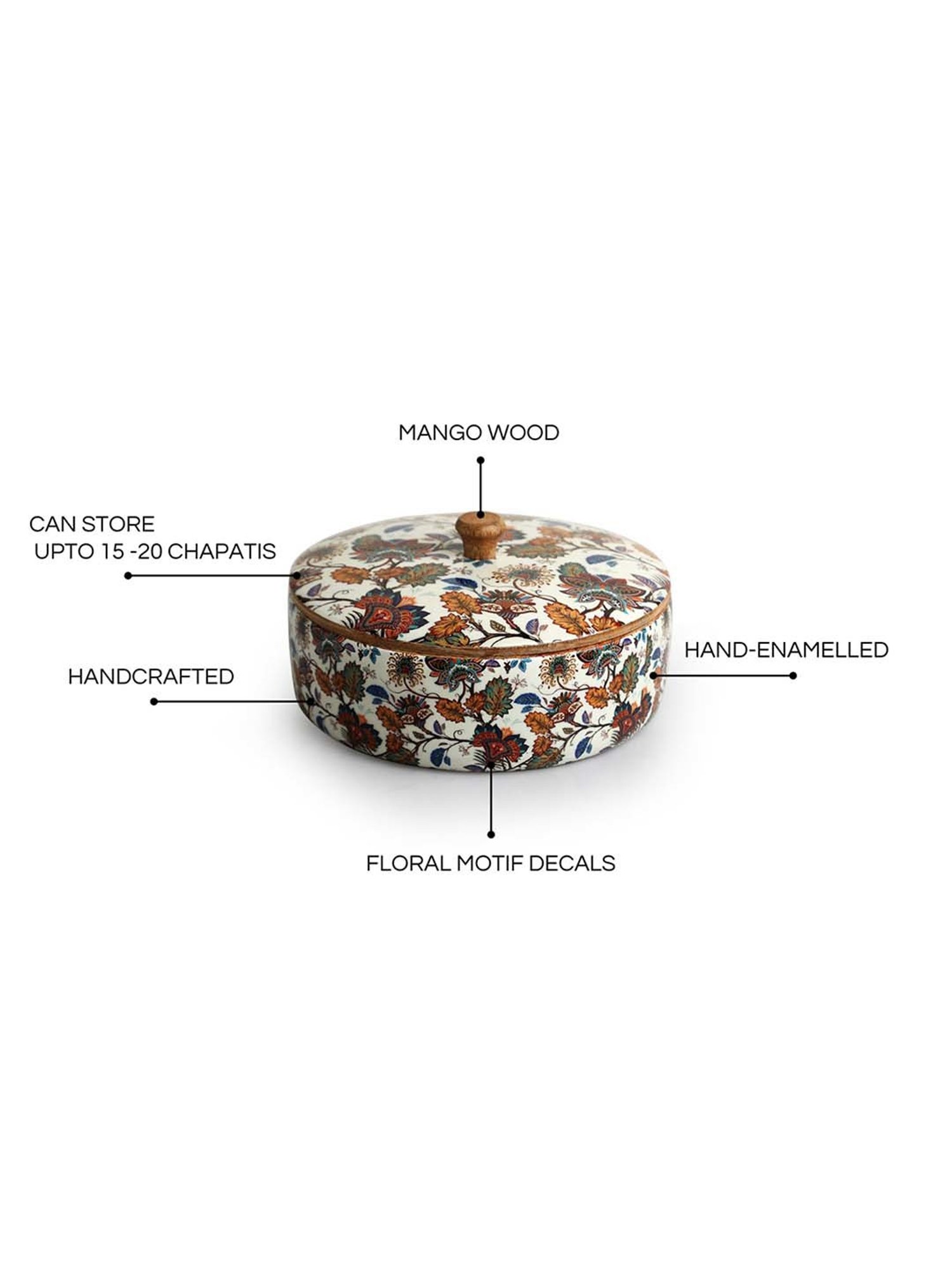 ExclusiveLane Mango Wood Floral Chronicles Hand-Enamelled Casserole Chapati Box With Lid (1.14 L)
