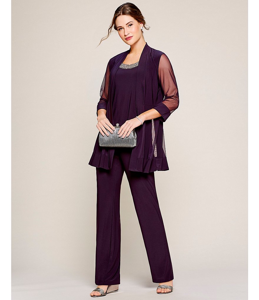 R&M Richards Mock 3-Piece Stretch Beaded-Neck Pant Set