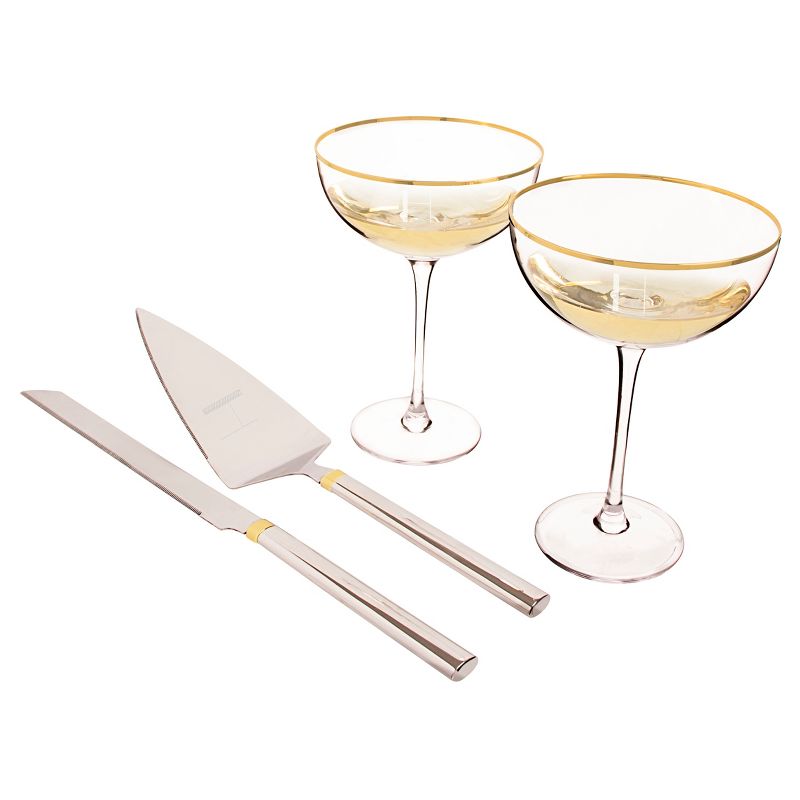 "H" Couple Flutes and Cake Serving Set Gold Rim