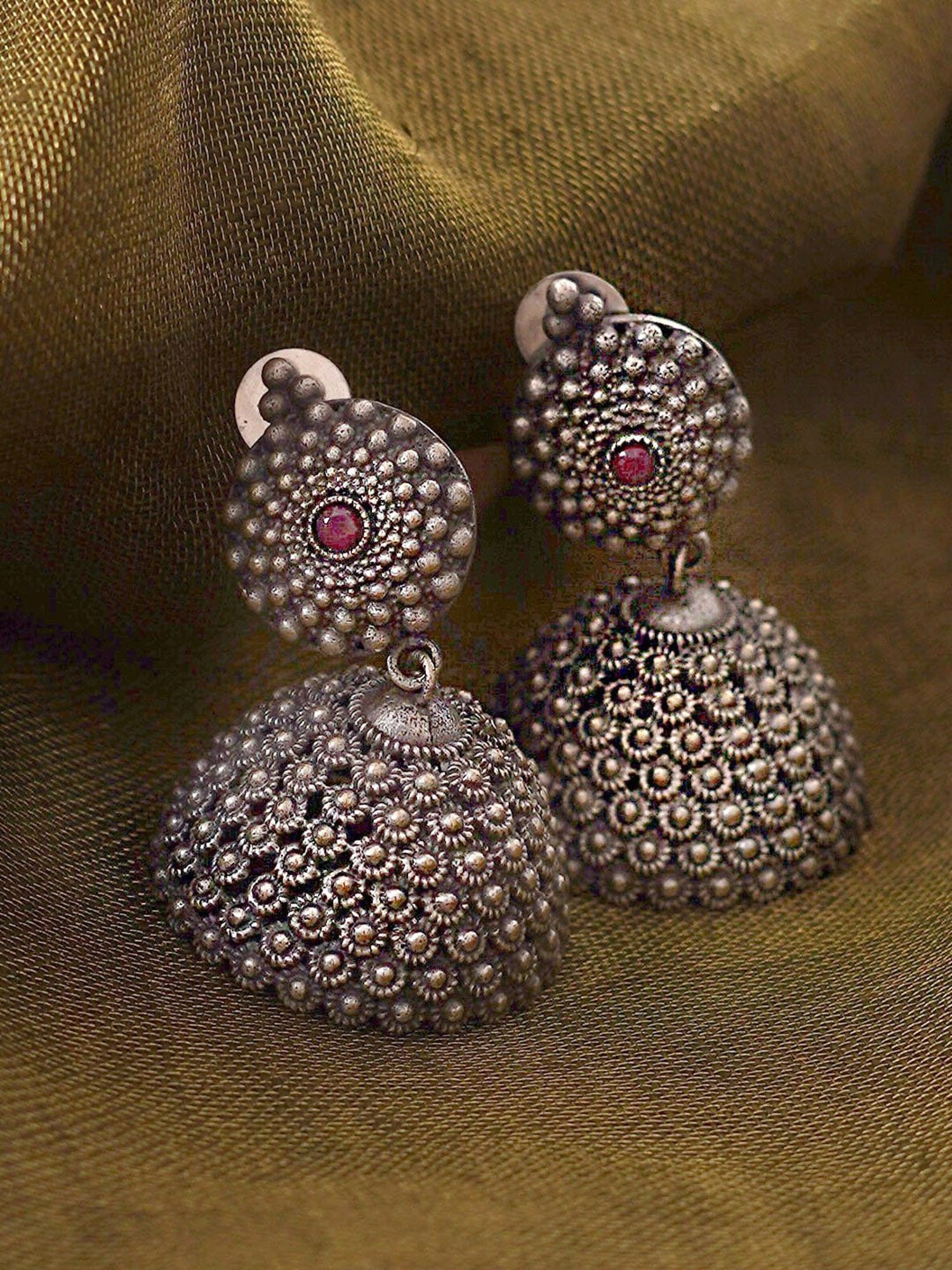 Teejh Dharvi Red Stone Antique Silver Jhumki Earrings