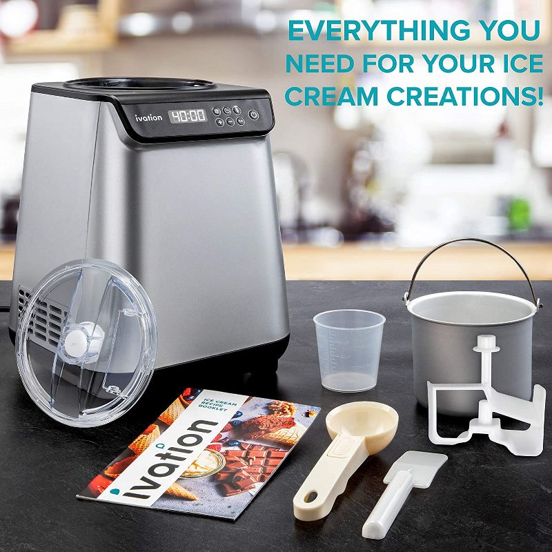 Ivation Compressor Ice Cream Maker Machine, Automatic Instant Cool Gelato Maker, No Pre-freezing Necessary, Stainless Steel, LCD Screen, Digital Timer, Removable Bowl Clear Lid, Recipe Book