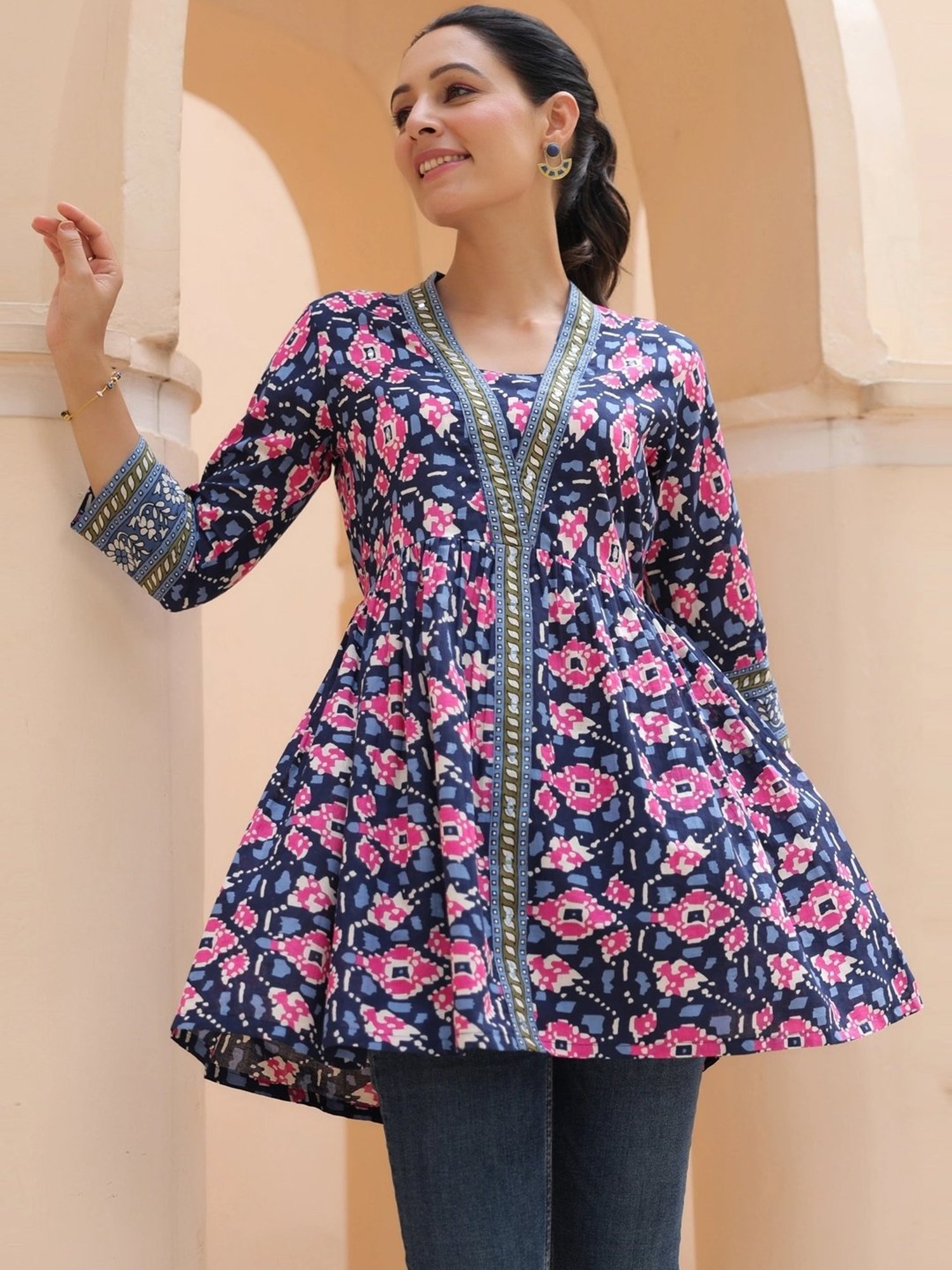 Rain and Rainbow Blue Cotton Printed Top