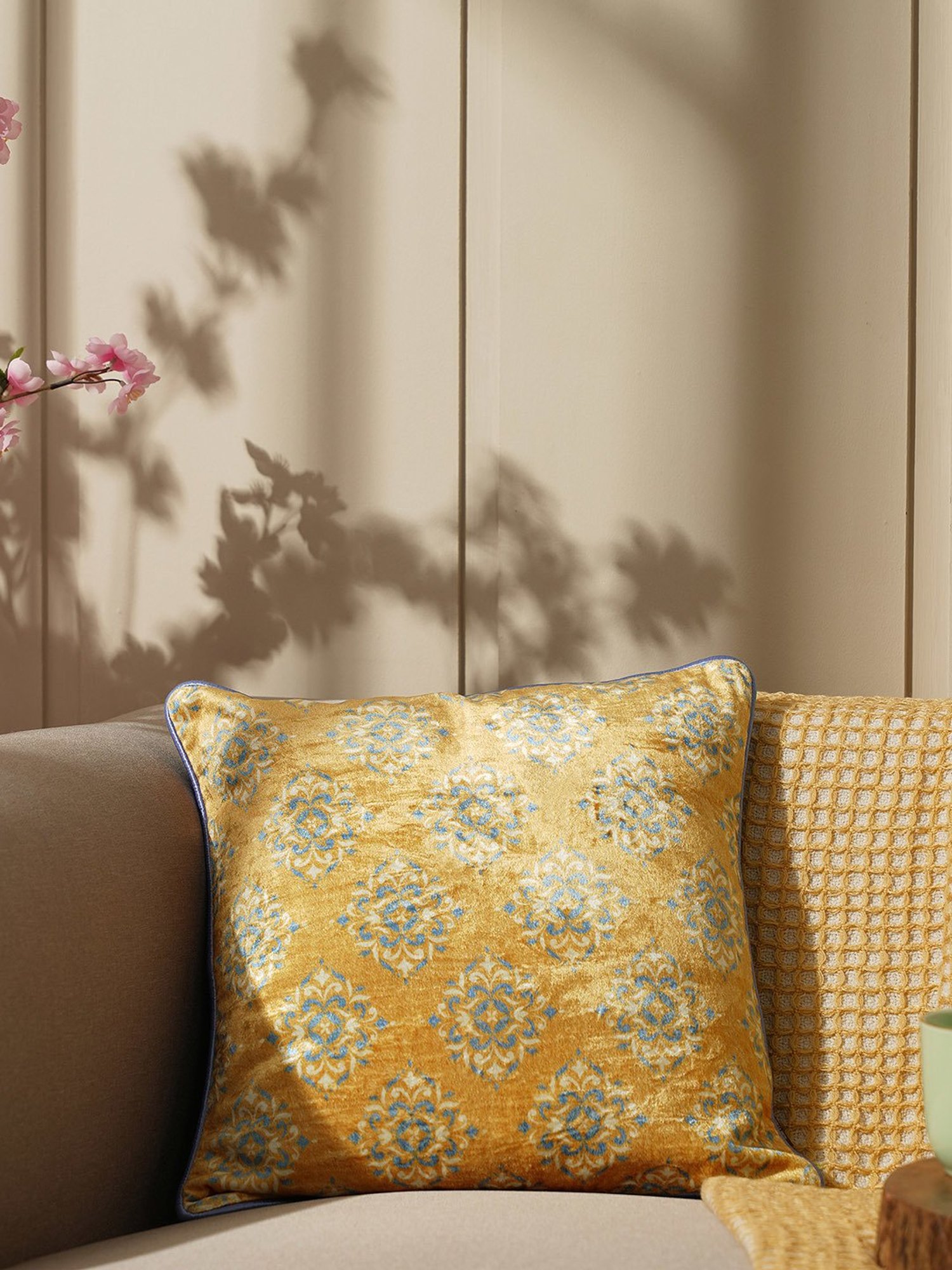 Pure Home and Living Yellow Velvet Printed Cushion Covers