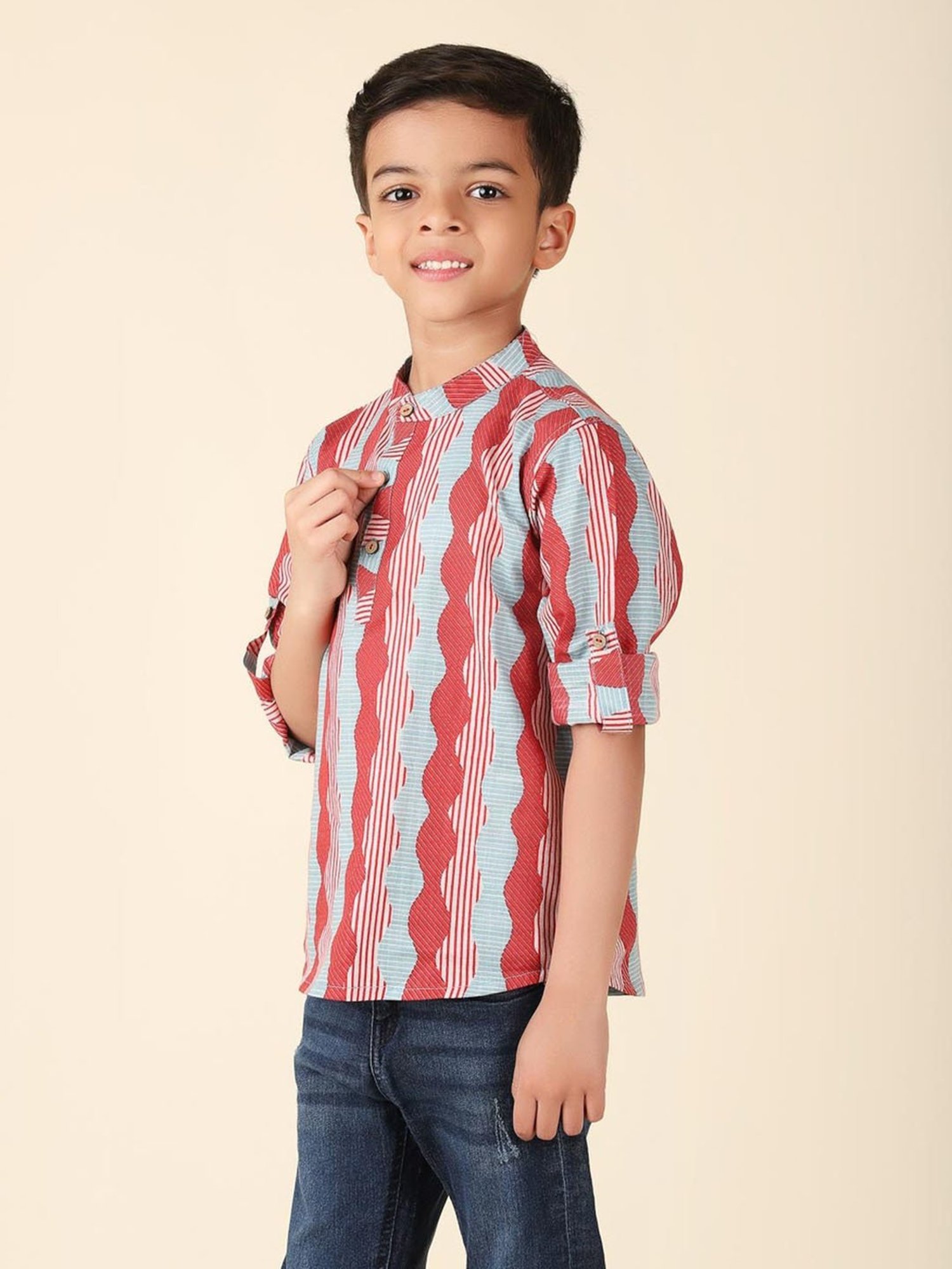 Fabindia Kids Red & Blue Cotton Printed Full Sleeves Kurta