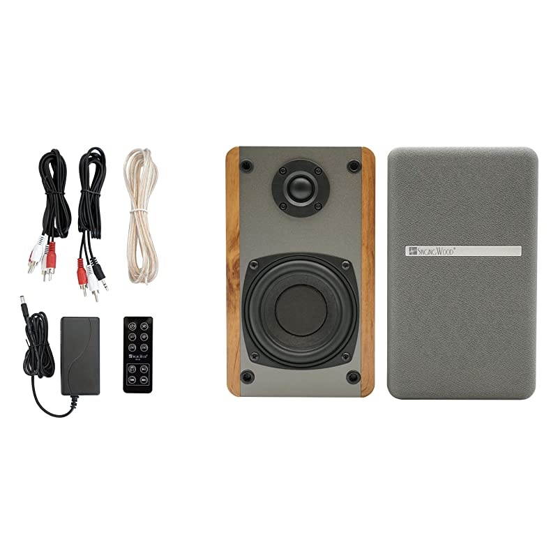 BT25 Active Bluetooth Bookshelf Speakers with Built-in Amplifier - Studio Monitor Speaker -2 AUX Input - Full Function Remote Control - Wooden Enclosure - 50 Watts RMS (Beech Wood)