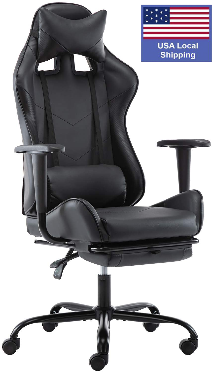 SMUGDESK Gaming Chair with Footrest Racing Style Recliner with Lumbar Support, Ergonomic Office Armchair for Computer PU Leather High Back Desk Chair Headrest Swivel Rocking Desk Chair, Blue