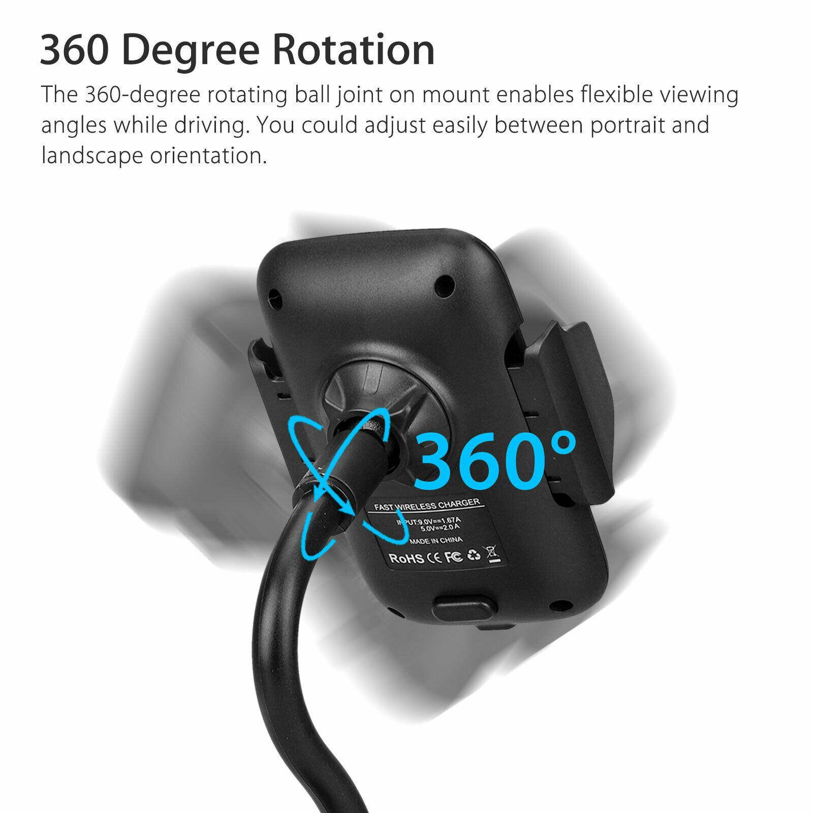 360 Degree Car Cup Holder Wireless Charger Stand Mount for iPhone 8 X Cell Phone