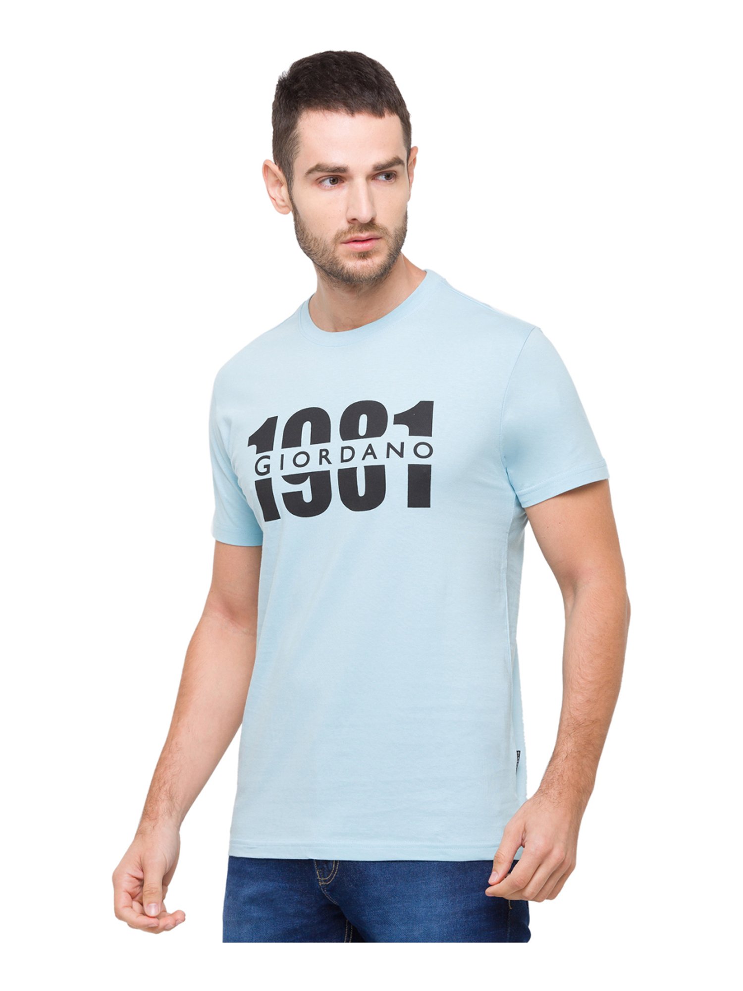 Giordano Light Blue Cotton Slim Fit Logo Printed T-Shirt