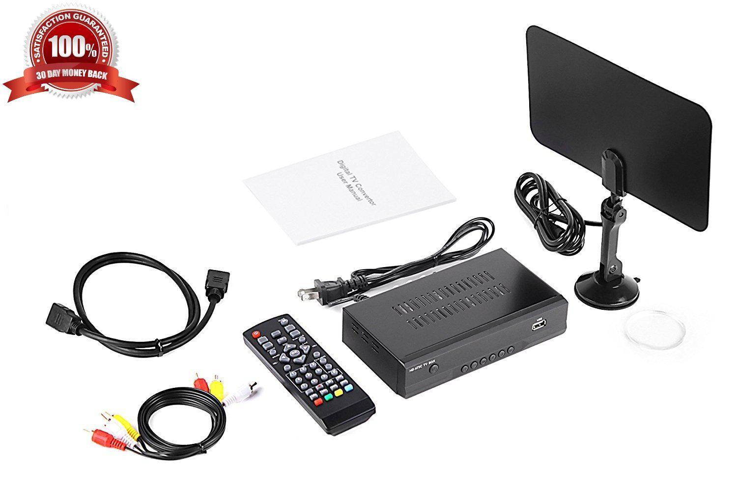 eXuby Digital Converter Box for TV, Flat Antenna, HDMI Cable for Recording & Viewing Free Full HD Digital Channels (Instant & Scheduled Recording, 1080P, HDMI Output, 7Day Program Guide & LCD Screen)