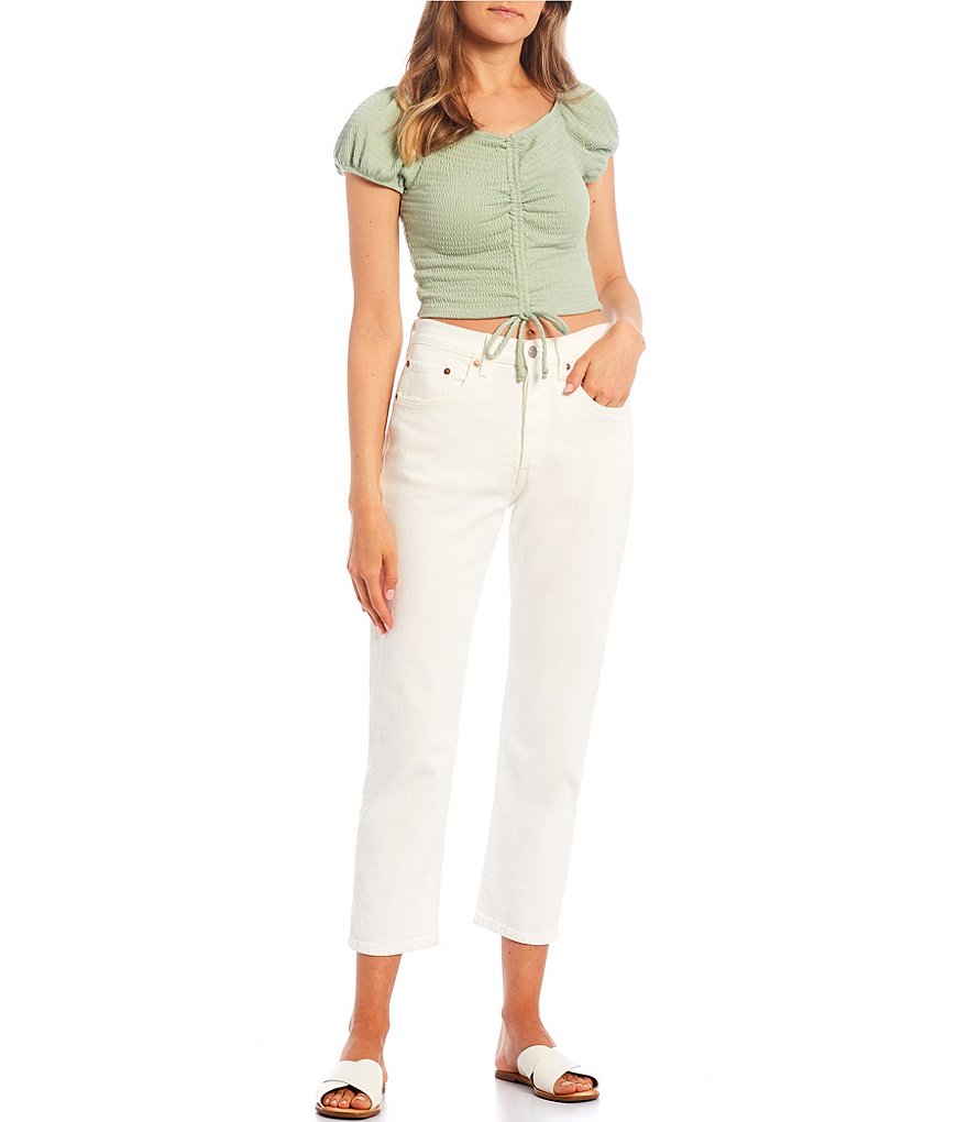 Originality Ribbed Cap-Sleeve Cinched Front Top
