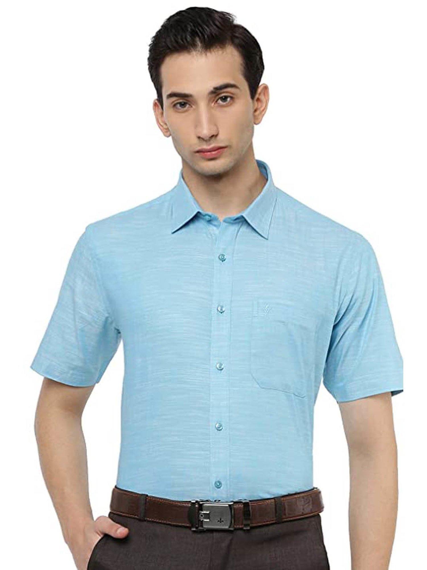Ramraj Blue Cotton Slim Fit Self Pattern Shirt