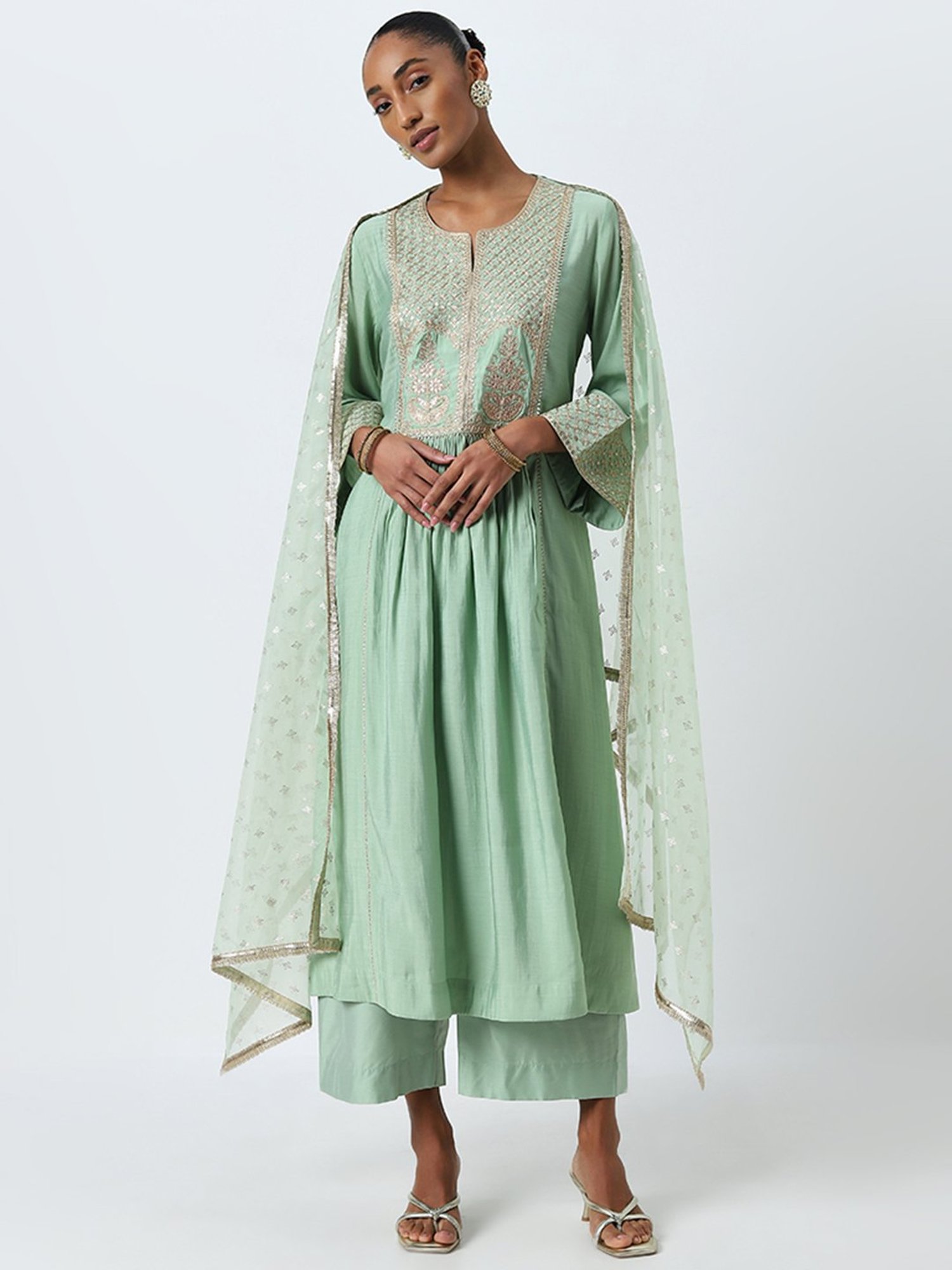 Vark by Westside Mint Embellished Kurta, Ethnic Pants and Dupatta Set