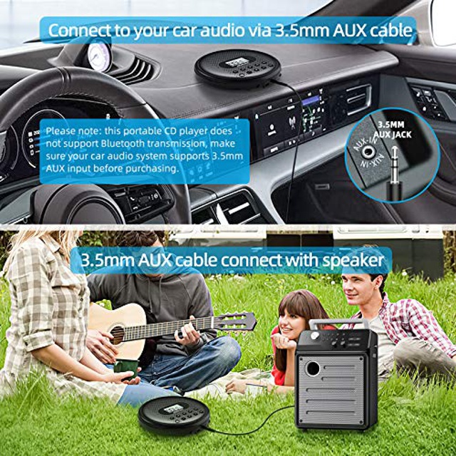 Portable CD Player with Dual Stereo Speakers, ARAFUNA Rechargeable CD Player Portable for Car, Anti-Skip Protection Walkman CD Player with Backlit Push Button & LCD Display, 3.5mm AUX Cable - Black