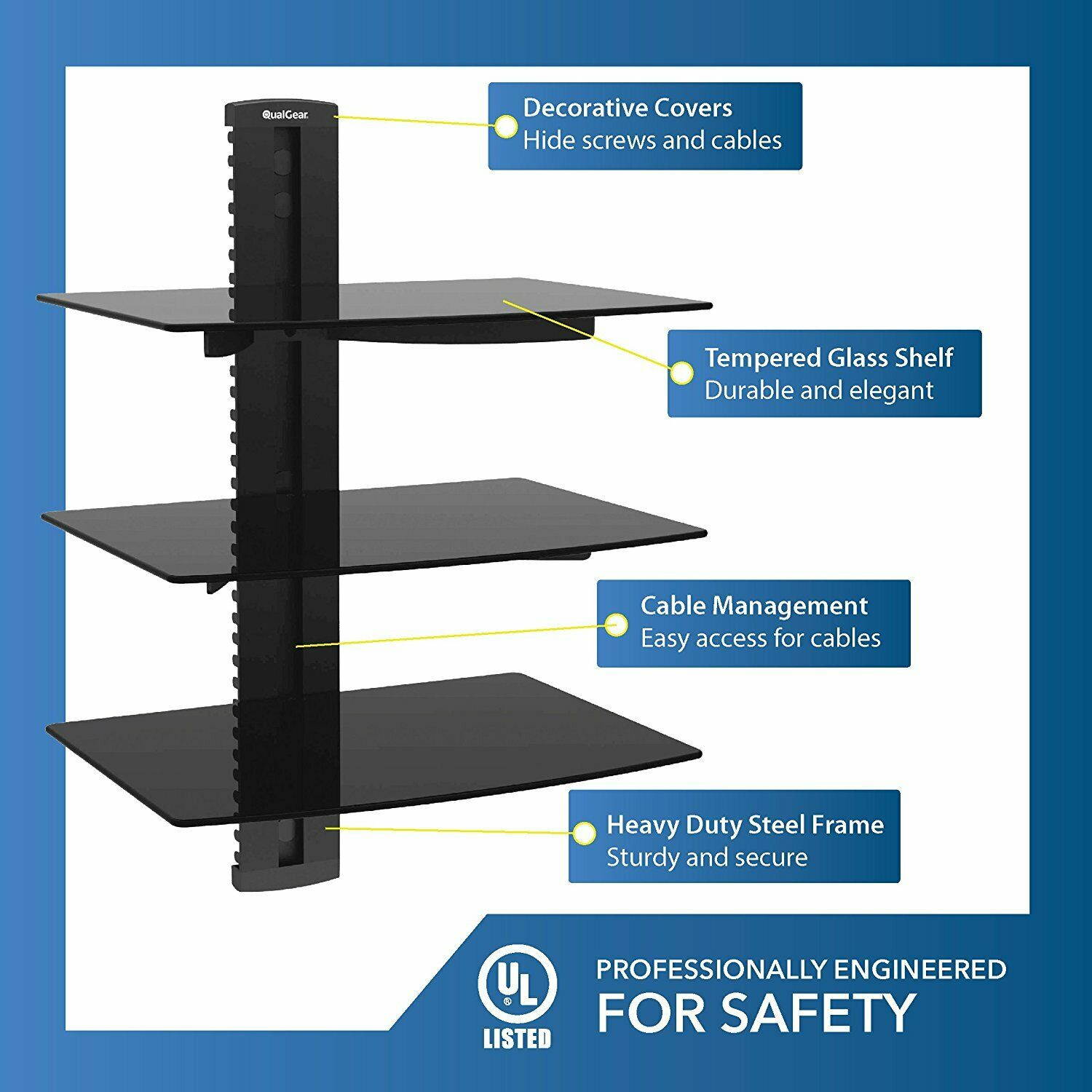 QualGear&reg; Universal Triple Shelf Wall Mount for A/V Components upto 8kgs/17.6lbs(x3), Black (QG-DB-003-BLK)