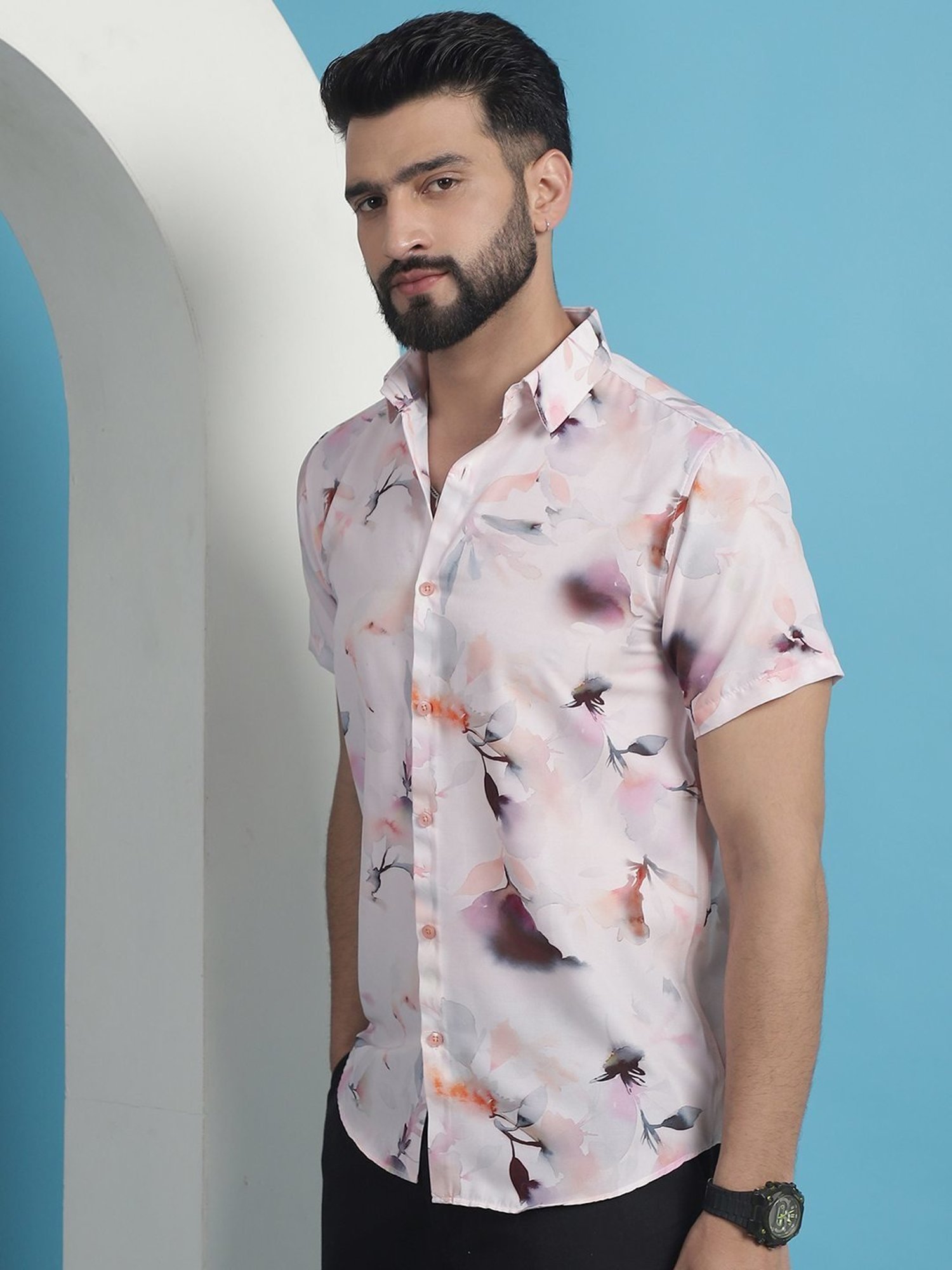 Indian Needle Orange Cotton Regular Fit Floral Print Shirt