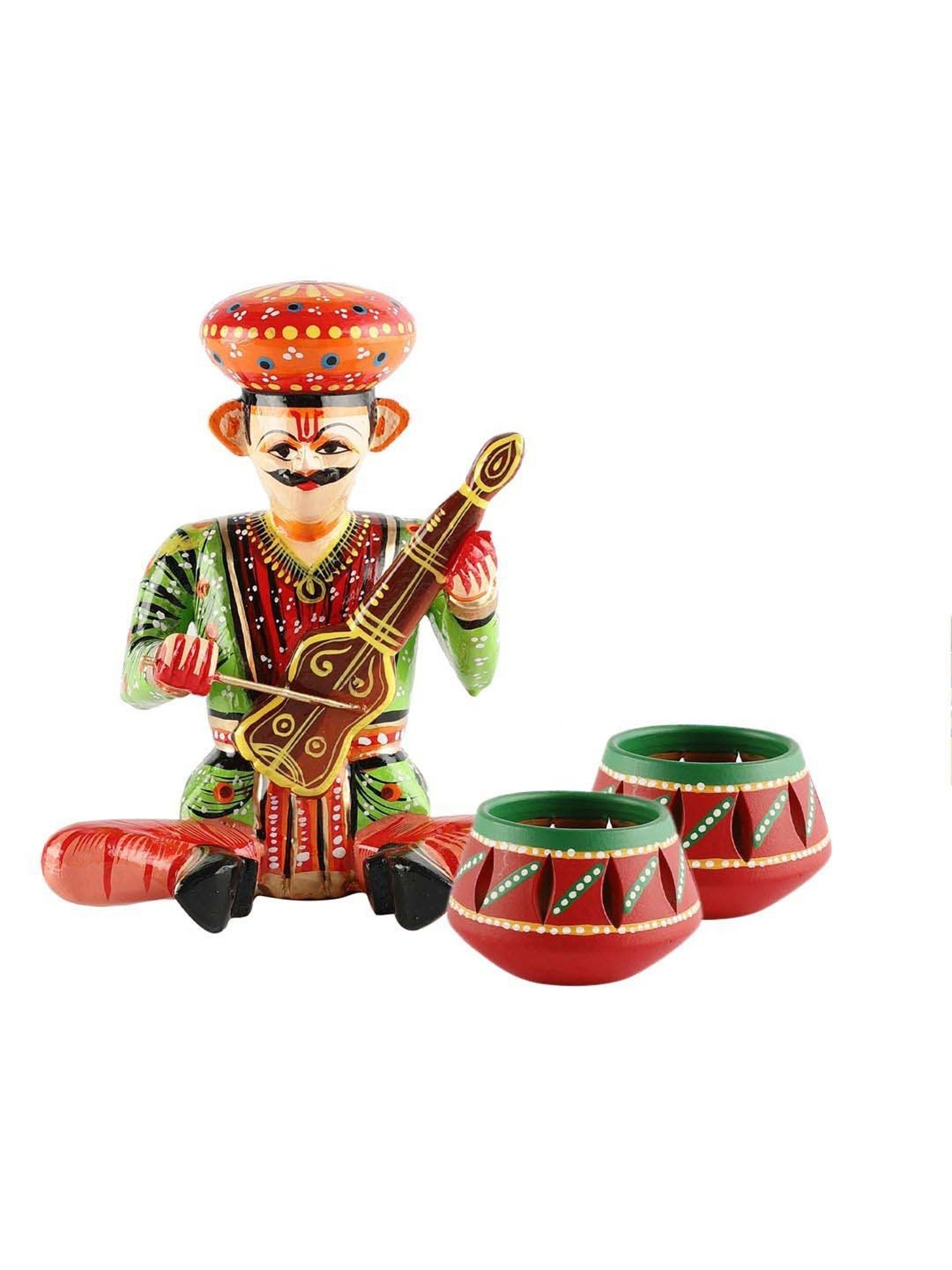 VarEesha Upahaar Multicolor Wood Rajasthani Musician Showpiece with 2 Tea Light Holders