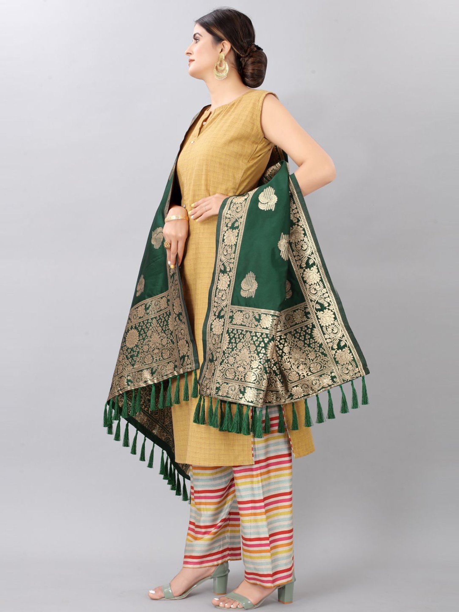 Silk Land Green Woven Pattern Dupatta