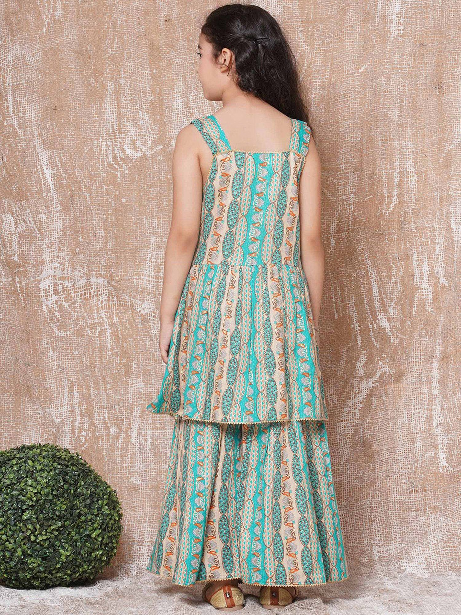 AJ Dezines Kids Green & Beige Floral Print Kurta, Sharara with Dupatta