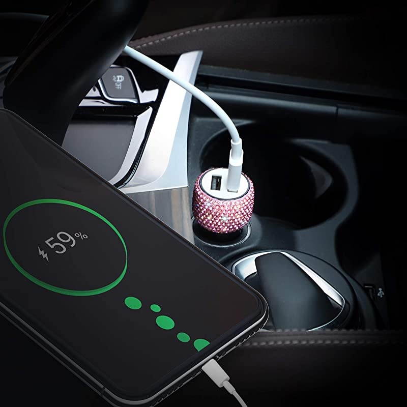 Dual USB Car Charger Car Adapter Bling Bling Rhinestones Crystal Car Decorations for Fast Charging Car Decors for iPhone Xs Max X Plus iPad ProMini Samsung